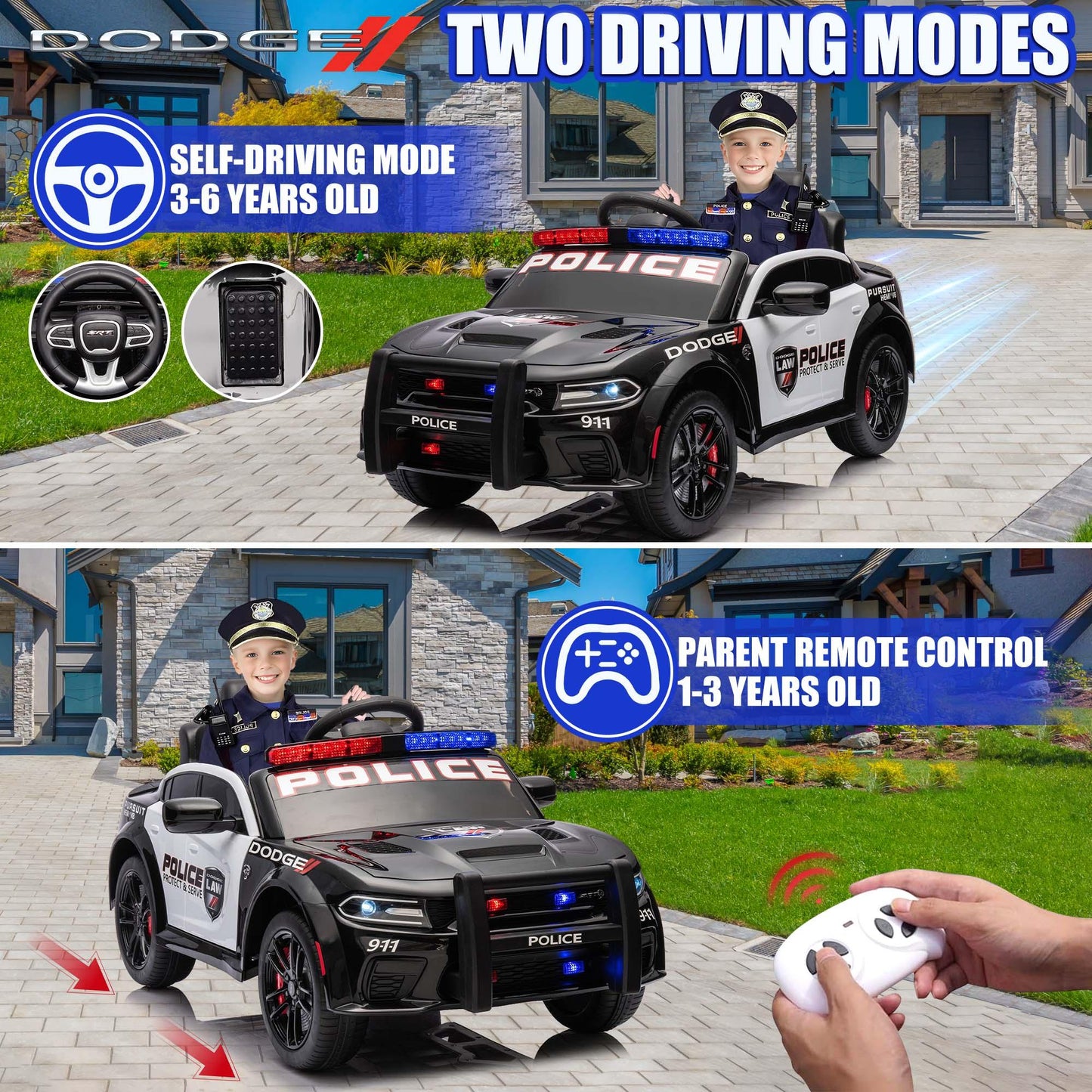 Dodge Charger 12V Ride on Police Cars, Battery Powered Ride on Toy Car with Remote Control for Boys Girls Gifts, Electric Car for Kids with Bluetooth, Music Player, LED Lights, 3 Speeds, Black