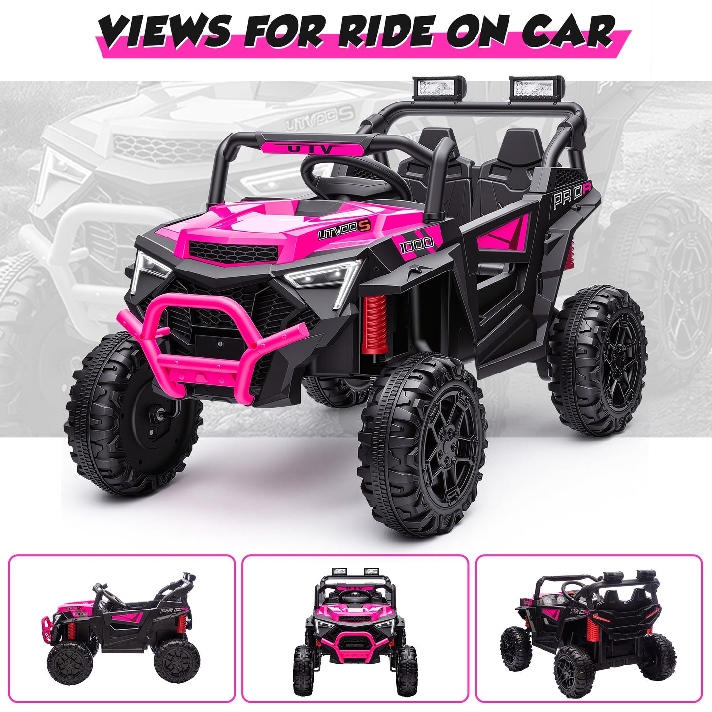 iRerts 24V Powered Ride on Toys, Electric Ride on UTV with Remote Control, Four-Wheel Suspension, LED Lights, Bluetooth Music, Ride on Cars Vehicle for Kids Ages 3-6, Pink