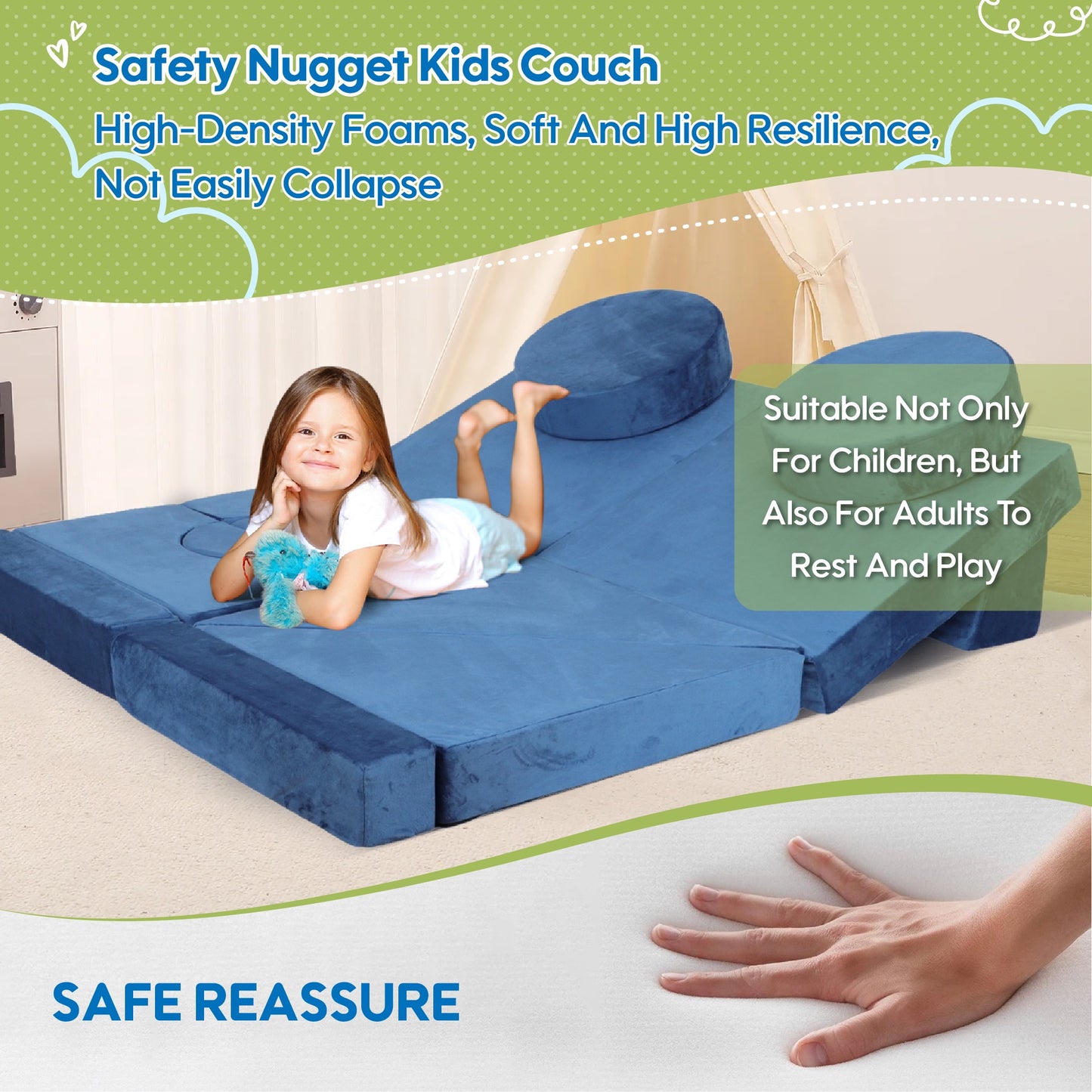 iRerts 14Pcs Modular Kids Play Couch, Convertible Nugget Couch for Kids Boys Girls, Kids Sofa Couch Floor Sofa for Children, Kids Couch Building Fort Foam Couch for Playroom Bedroom Nursery, Blue