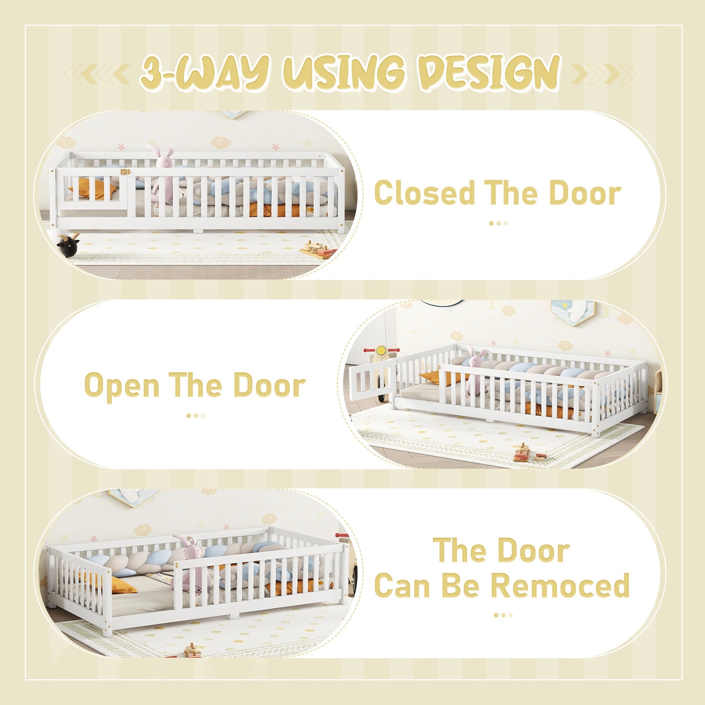 iRerts Twin Floor Bed Frame for Toddlers Kids, Wood Twin Montessori Bed Frame with Slats, Fence, Door, Kids Montessori Bed Twin Size, Twin Toddler Bed Frame for Boys Girls, White