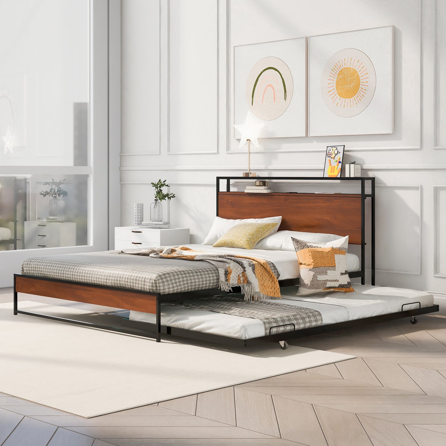 Queen Size Metal Platform Bed Frame with Twin Size Trundle, Queen Size Bed Frame with Storage Headboard, Outlet/USB Ports, Steel Slat Support, Queen Bed Frame No Box Spring Needed for Bedroom, Black