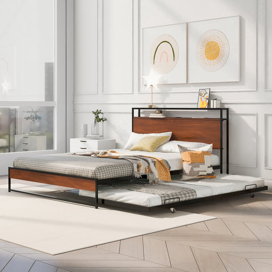 Queen Size Metal Platform Bed Frame with Twin Size Trundle, Queen Size Bed Frame with Storage Headboard, Outlet/USB Ports, Steel Slat Support, Queen Bed Frame No Box Spring Needed for Bedroom, Black
