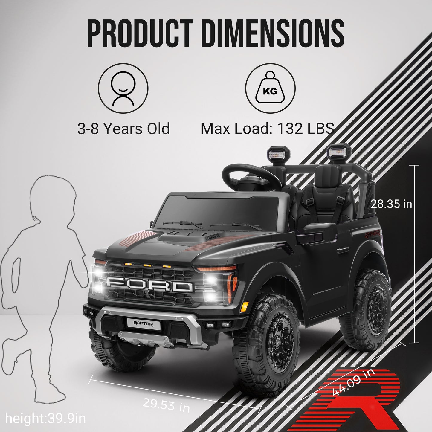iRerts 24V Ride on Toys for Big Kids, Licensed Ford F 150 Raptor 2 Seater Ride on Cars with Remote Control, Bluetooth, FM Radio, LED Lights, 4 Wheels Suspension, Electric Car for Kids Ages 3-8, Black