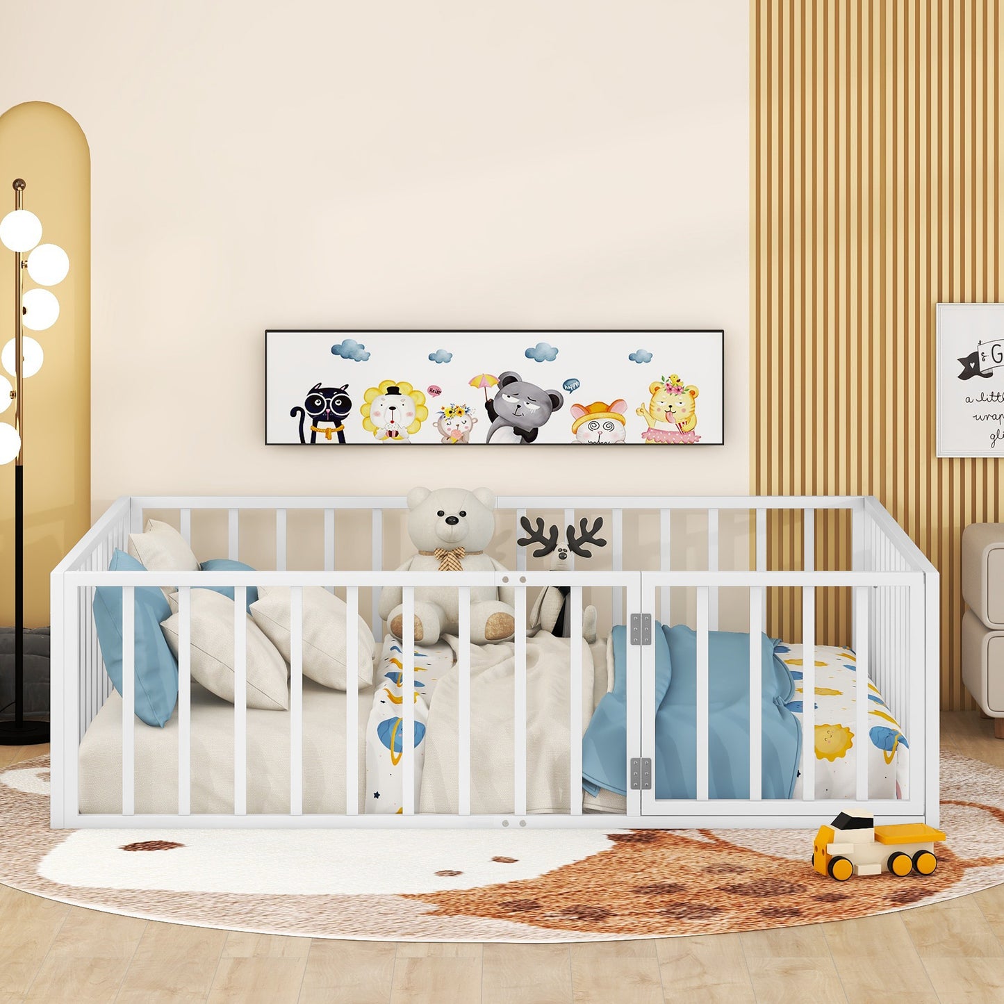 iRerts Full Floor Bed Frame, Metal Full Size Montessori Floor Bed Frame with Fence and Door, Kids Toddler Floor Bed Frame Full Size for Girls Boys, Twin Bed Frame without Bed Slats, White