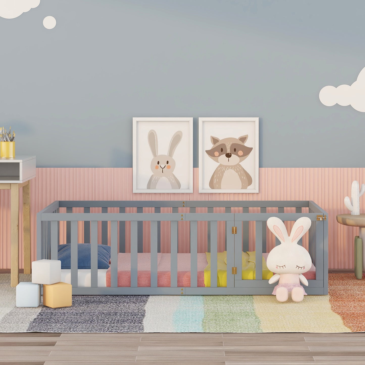 iRerts Twin Floor Bed Frame for Kids Toddlers, Wood Montessori Low Floor Twin Size Bed Frame with Fence Guardrail and Door, kids Twin Bed for Boys Girls, Spring Needed, Gray