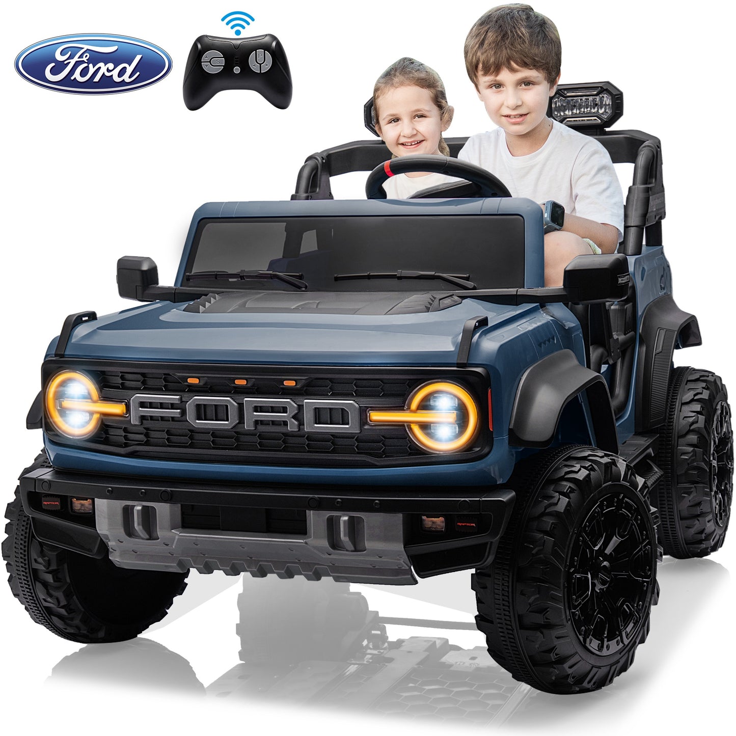 24V 2 Seater Ride on Toy Car, Licensed Ford Bronco Raptor Ride on Trucks with Remote Control, Bluetooth Music Player, Spring Suspension, Battery Powered Electric Car for Kids Boys Girls Ages 3-8, Blue