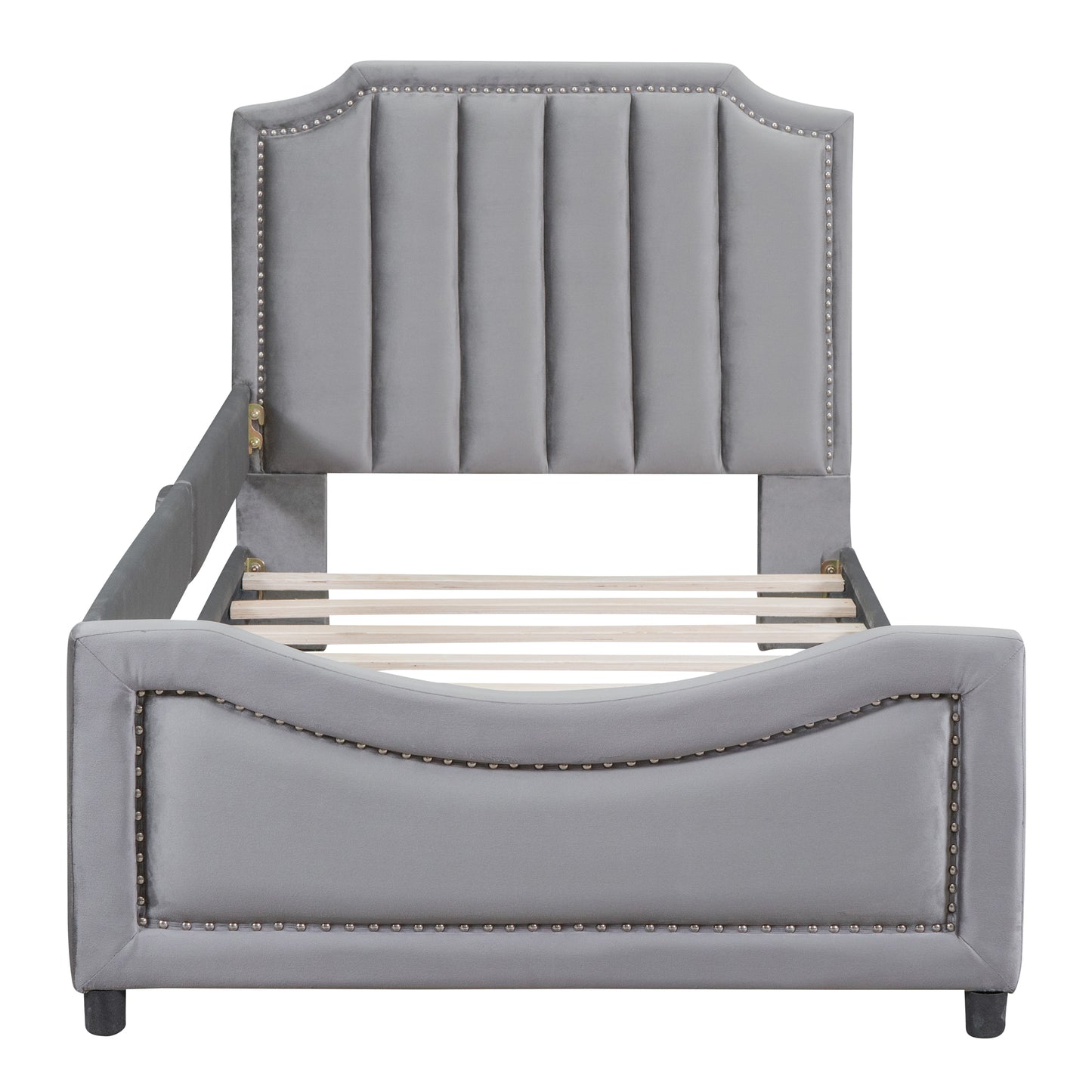 iRerts Upholstered Twin Platform Bed Frame, Velvet Twin Daybed Frame with Classic Stripe Shaped Headboard and Footboard, Wood Twin Size Sofa Bed for Kids Girls Boys, No Box Spring Needed, Gray