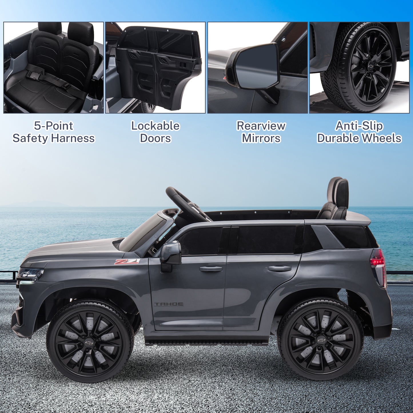 iRerts 12V Ride On Toys with Remote Control, Licensed Chevrolet Tahoe Kids Ride on Cars with Music, LED Lights, MP3/USB/AUX Port, Kids Electric Vehicle for Boys Girls, Gray