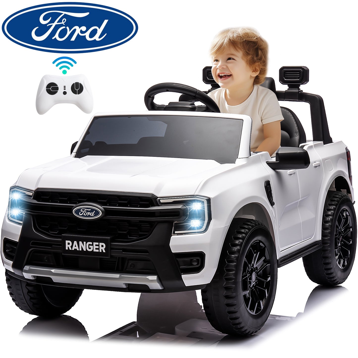 12V Ride on Cars with Remote Control, Ford Ranger Electric Cars for Kids with Bluetooth, Music, USB Port, Horn, LED Lights, Battery Powered Ride on Toys for Kids Boys Girls 3-6 Ages Gifts, White