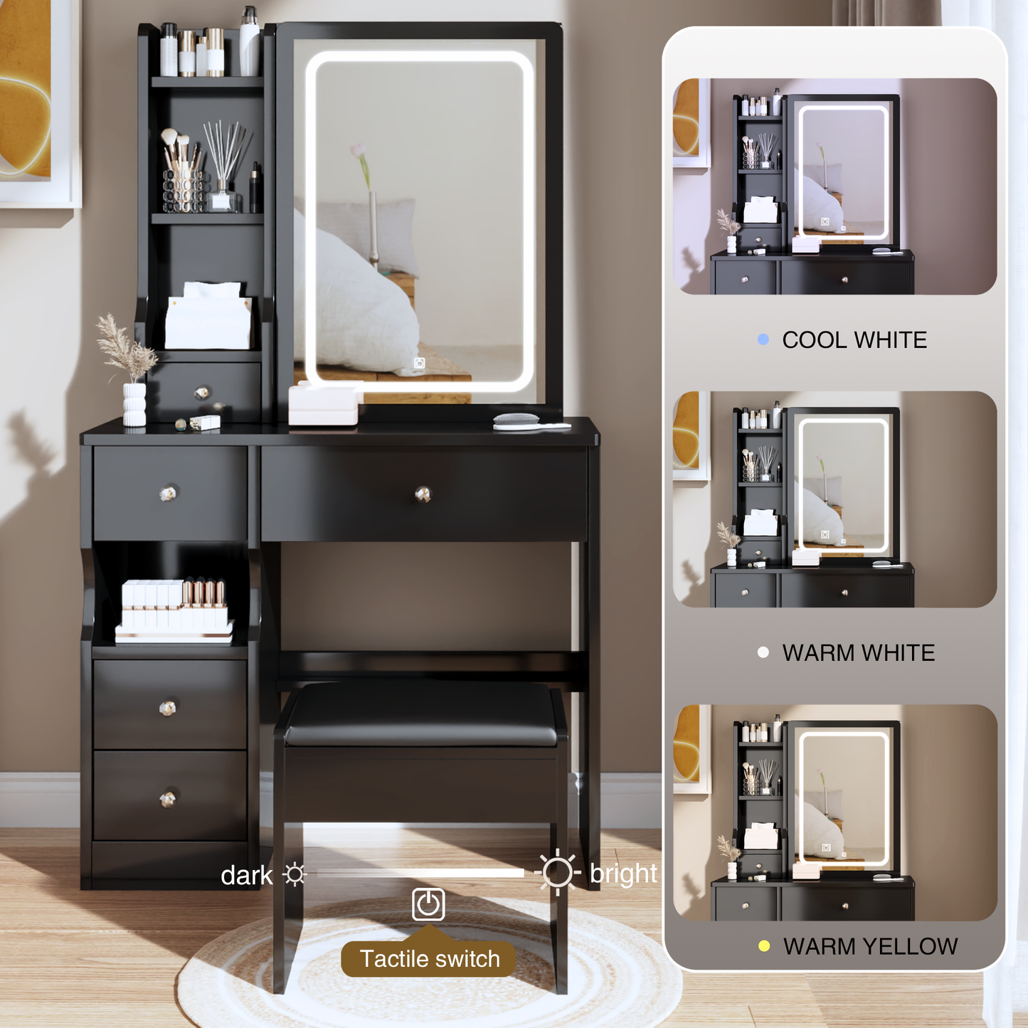iRerts Vanity Desk with Chair, Makeup Vanity Set with LED Mirror, 3 Lighting Modes Brightness Adjustable, Shelf and Drawers, Makeup Vanity Desk Dressing Table Set for Bedroom Small Space, Black