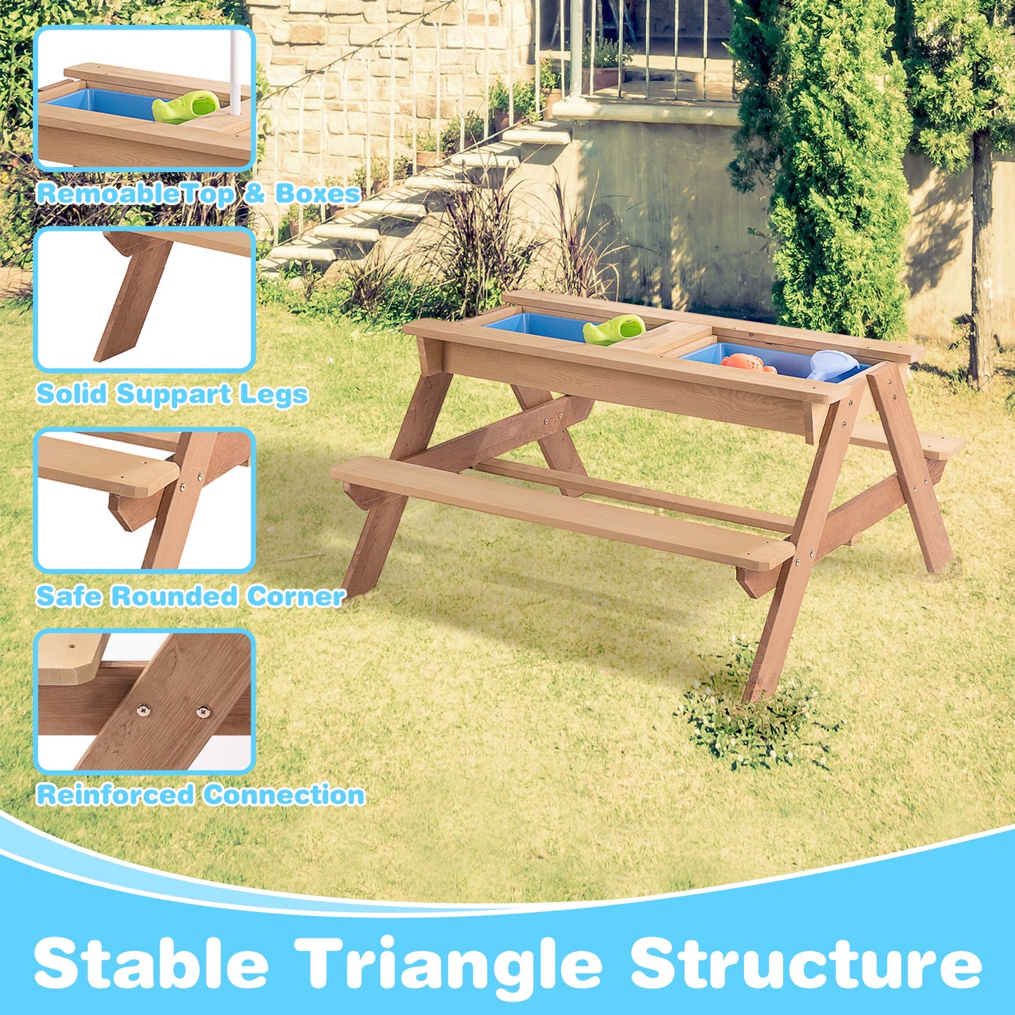Kids Outdoor Picnic Table Set with Bench, 3 in 1 Sand and Water Activity Table Outdoor Convertible Picnic Table with Umbrella/Removable Tabletop/Play Boxes, Kids Table and Chair Set for Patio, Natural