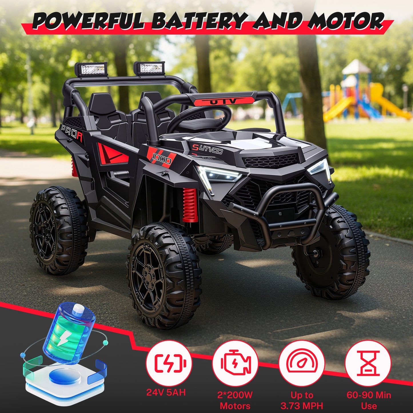 iRerts 24V Powered Ride on Toys, Electric Ride on UTV with Remote Control, Four-Wheel Suspension, LED Lights, Bluetooth Music, Ride on Cars Vehicle for Kids Ages 3-6, Black