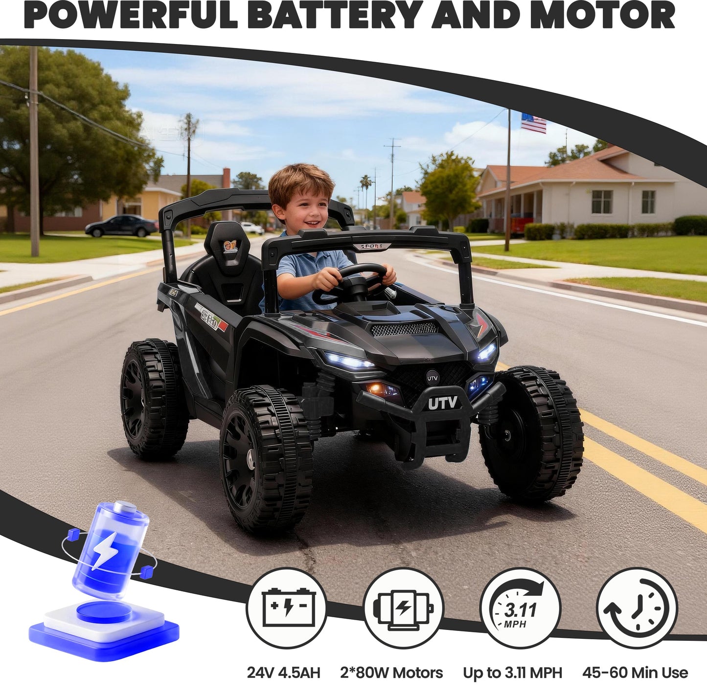 iRerts 24V Powered Ride on Car UTV, Kids Ride on Toys with Remote Control, Bluetooth, Music, 4 Wheels Suspension, LED Light, Kids Cars 4 Wheeler Electric Vehicles for Boys Girls Ages 3-5 Gifts, Black