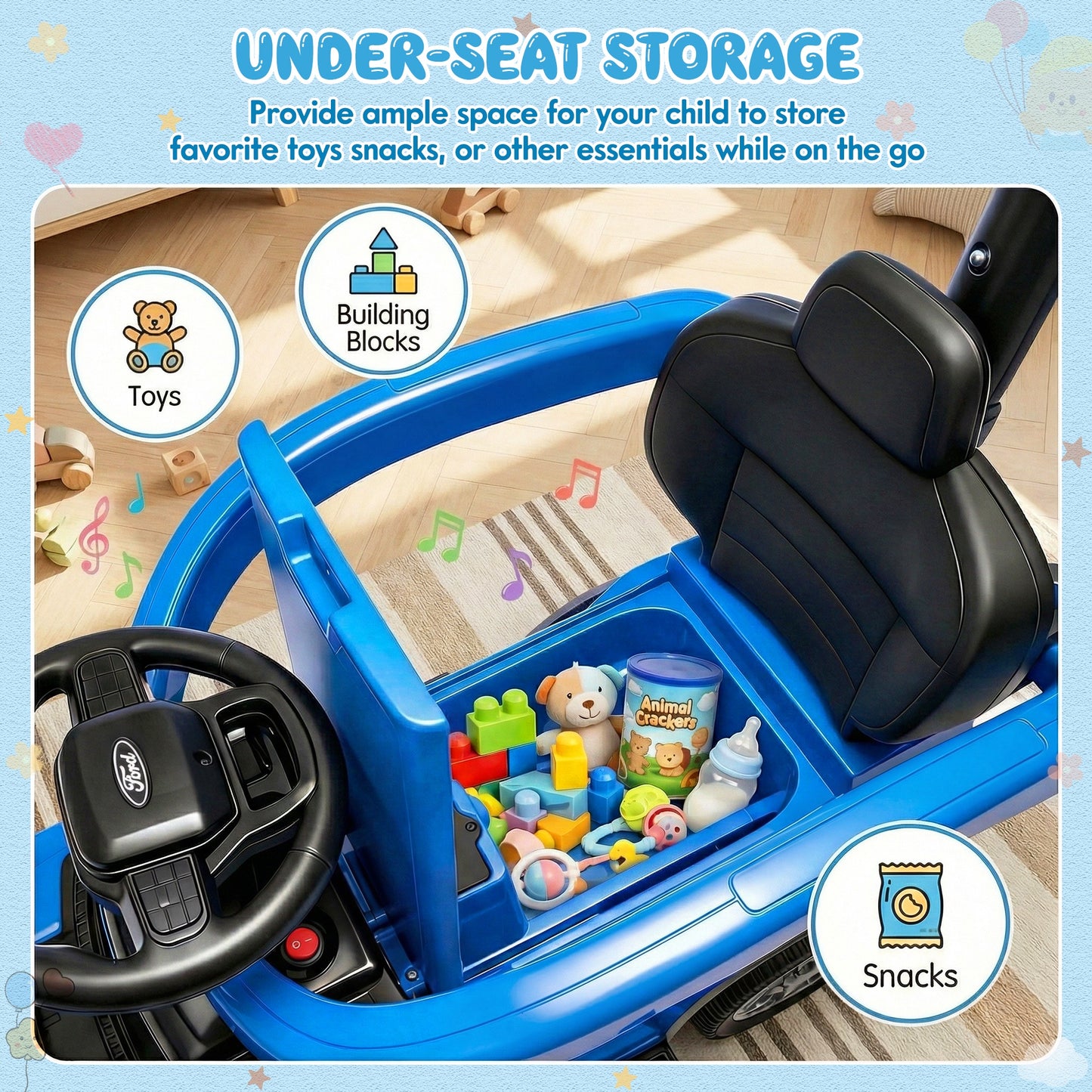 Push Car for Toddlers 1-3, Licensed Ford F-150 3-in-1 Kids Ride on Toy with Parent Push Handle, Foot to Floor Sliding Car with Horn & Lights, Under Seat Storage, Blue
