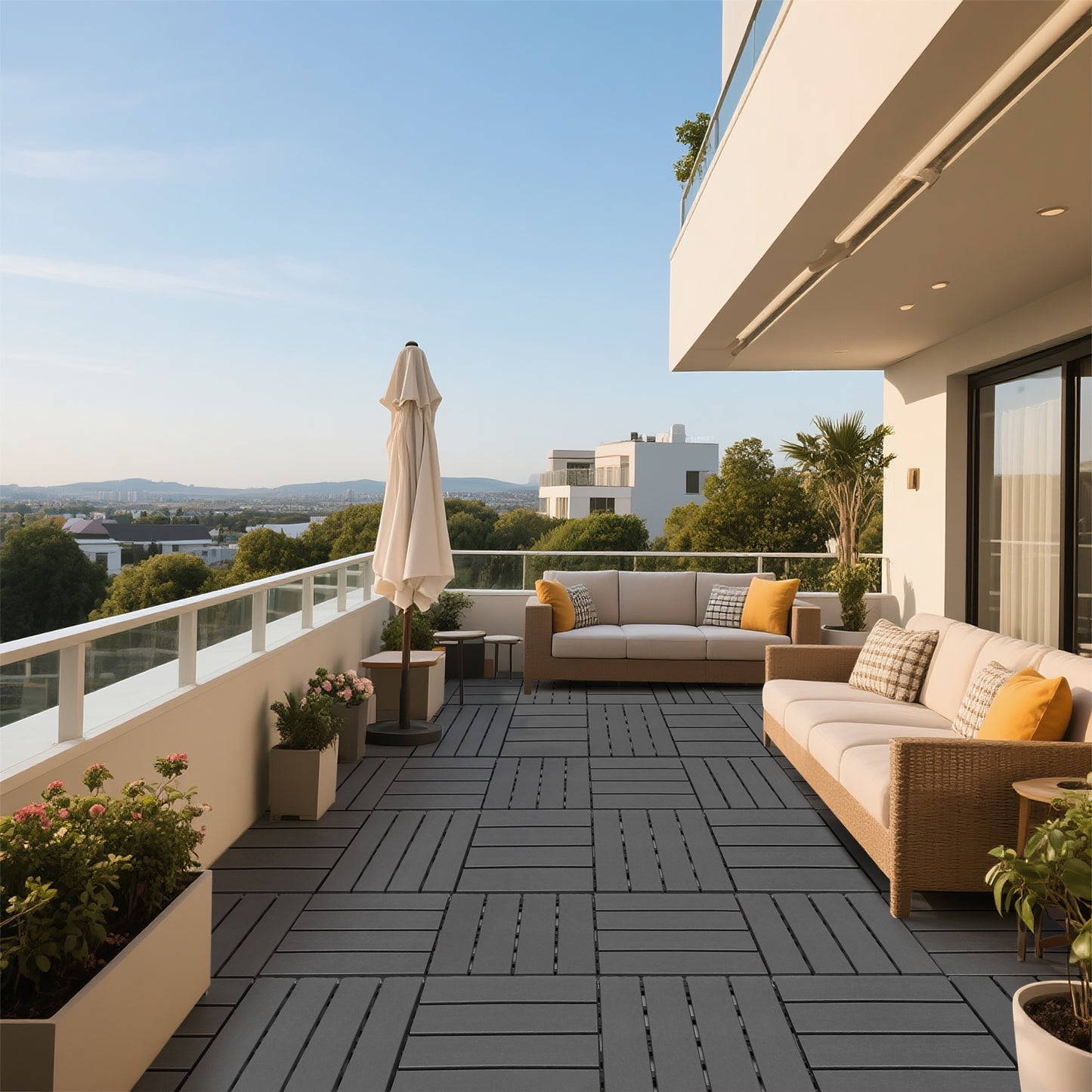 iRerts Plastic Interlocking Deck Tiles, 44 Pack Outdoor Flooring Tiles 12" x 12", All Weather Use, Patio Floor Decking Tiles for Porch Poolside Balcony Backyard, Dark Gray