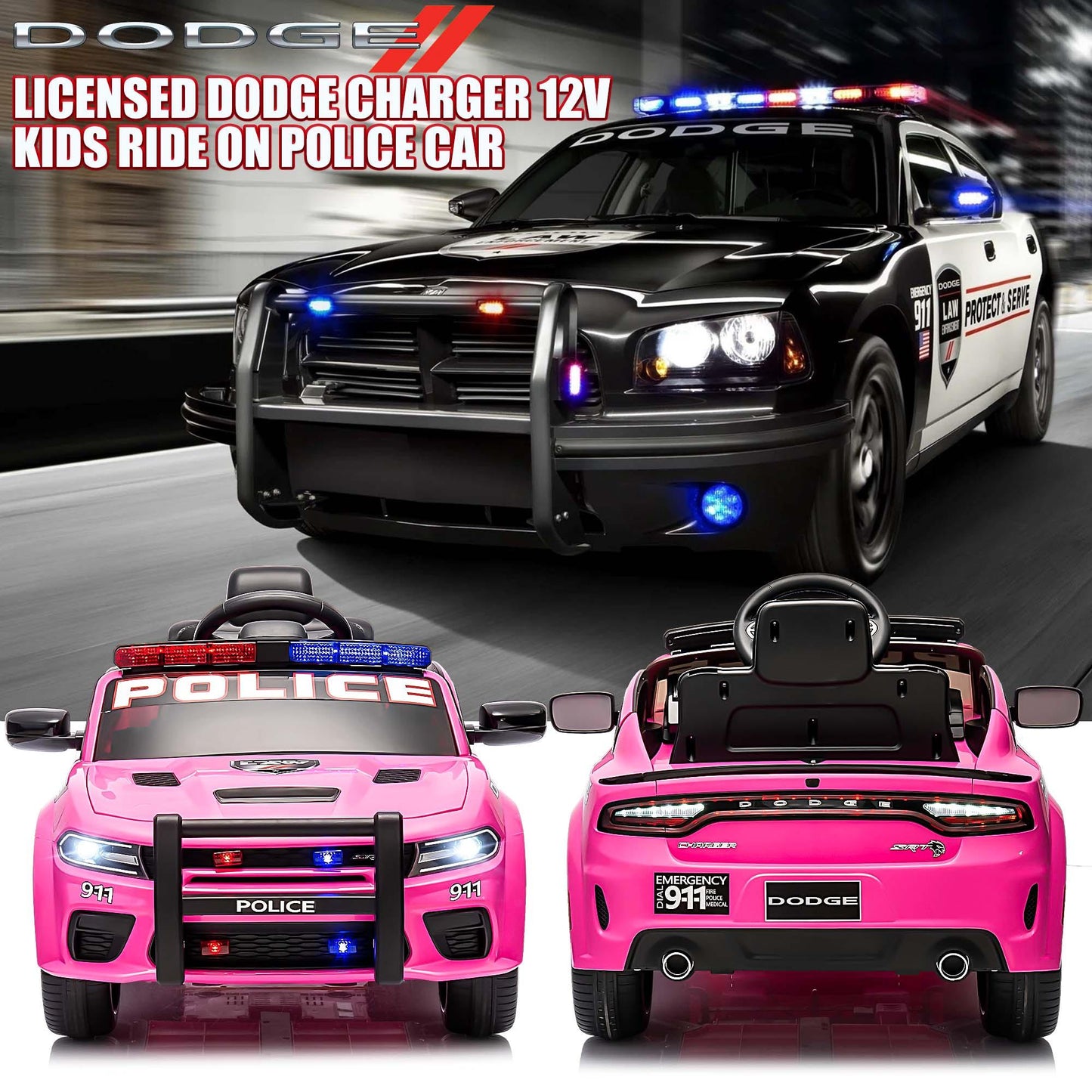 Dodge Charger 12V Ride on Police Cars, Battery Powered Ride on Toy Car with Remote Control for Boys Girls Gifts, Electric Car for Kids with Bluetooth, Music Player, LED Lights, 3 Speeds, Pink