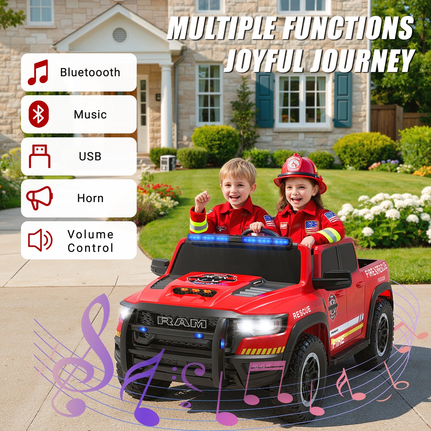 24V Licensed RAM 1500 Ride on Fire Truck for Kids, 2 Seater Ride on Car with Parent Remote Control, Bluetooth, LED Lights, Siren, Rear Storage, 4-Wheel Suspension, Ages 3-8, Red
