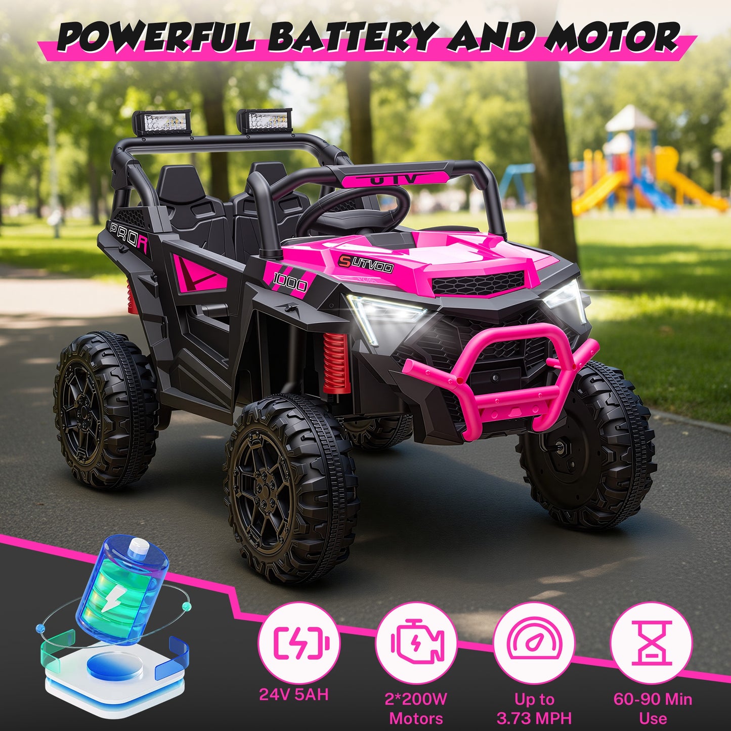 iRerts 24V Powered Ride on Toys, Electric Ride on UTV with Remote Control, Four-Wheel Suspension, LED Lights, Bluetooth Music, Ride on Cars Vehicle for Kids Ages 3-6, Pink