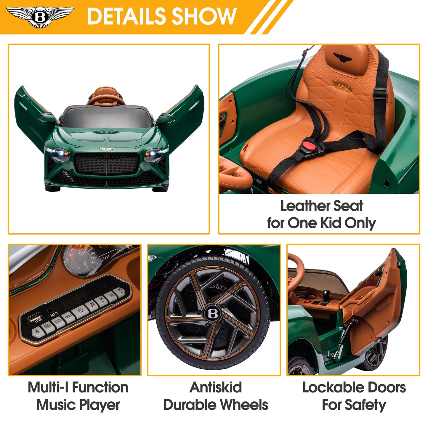 12V Ride On Car with Remote Control, Licensed Bentley Mulsanne Kids Electric Car with Bluetooth, Music, USB, MP3, LED Light, Battery Powered Electric Ride On Vehicle for Boy Girl Birthday Gift, Green