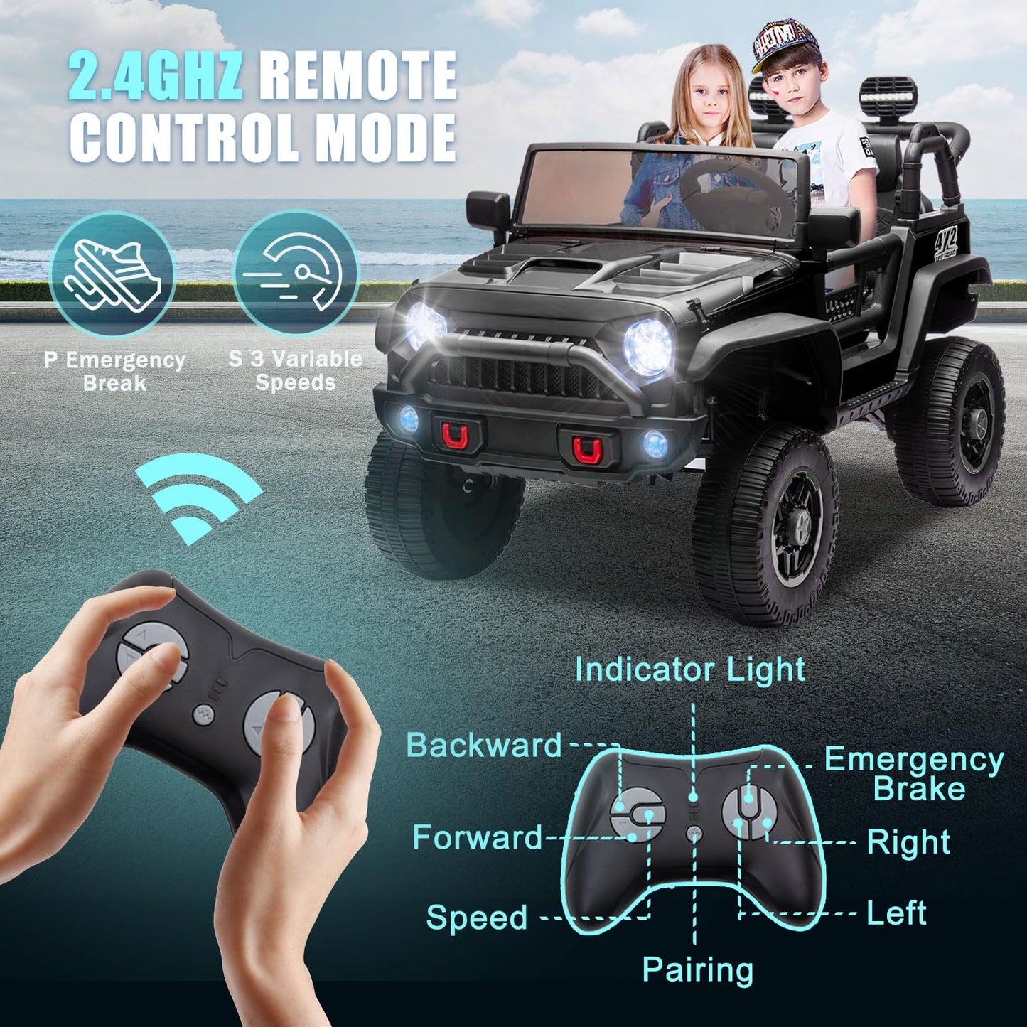 iRerts 24V 2 Seater Ride on Car, Powered Ride on Toys for Bid Kids Boys Girls Gifts, Kids Car Electric Vehicle with Remote Control, Music, Bluetooth, LED Light, USB/MP3 Port, 4 Wheel Suspension, Black