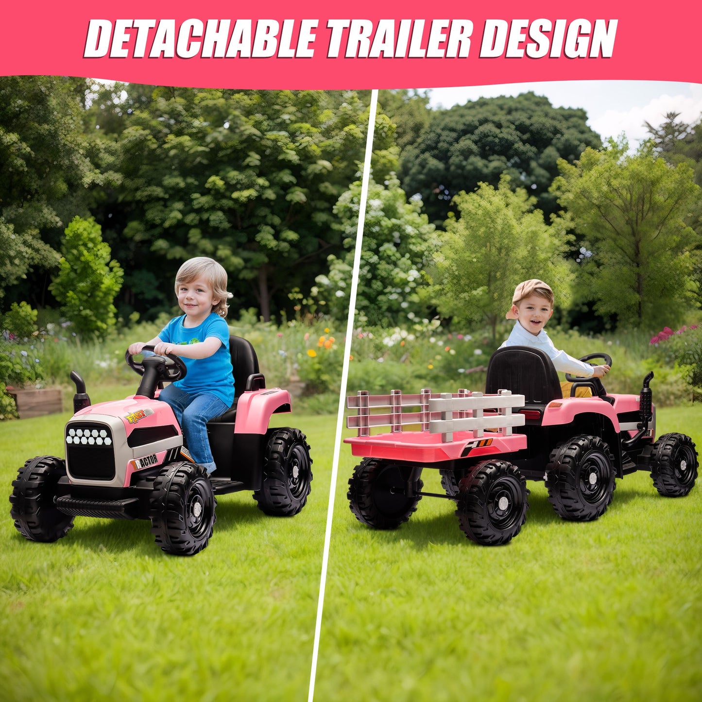 Powered Ride on Toy Tractor, 24V Kids Ride on Car with Remote Control, Electric Vehicles for Kids Toddlers 3-6 Years with 3 Speeds, Bluetooth, Music Player, LED Light, Rear Wheel Suspension, Pink