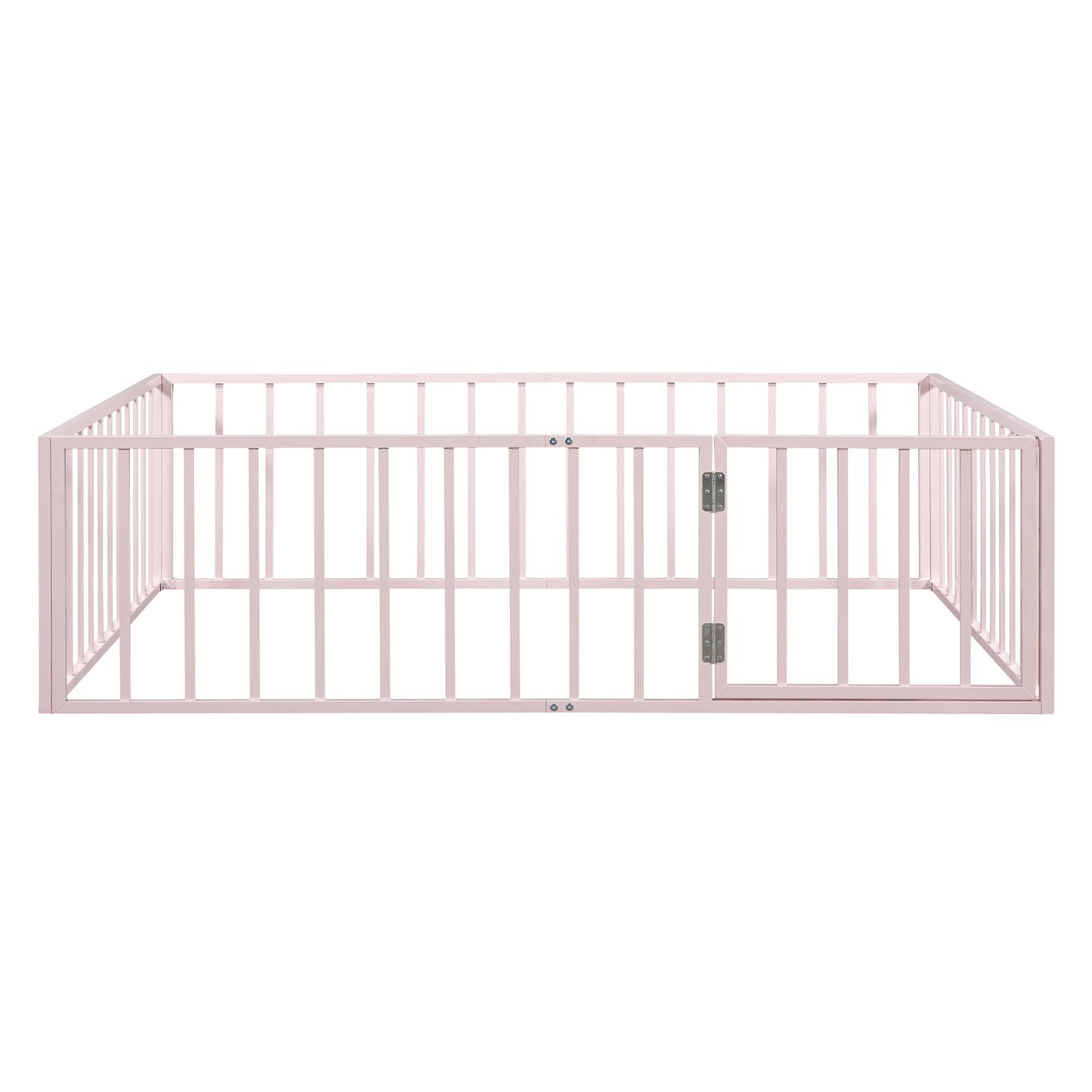 iRerts Full Floor Bed Frame, Metal Full Size Montessori Floor Bed Frame with Fence and Door, Kids Toddler Floor Bed Frame Full Size for Girls Boys, Twin Bed Frame without Bed Slats, Pink