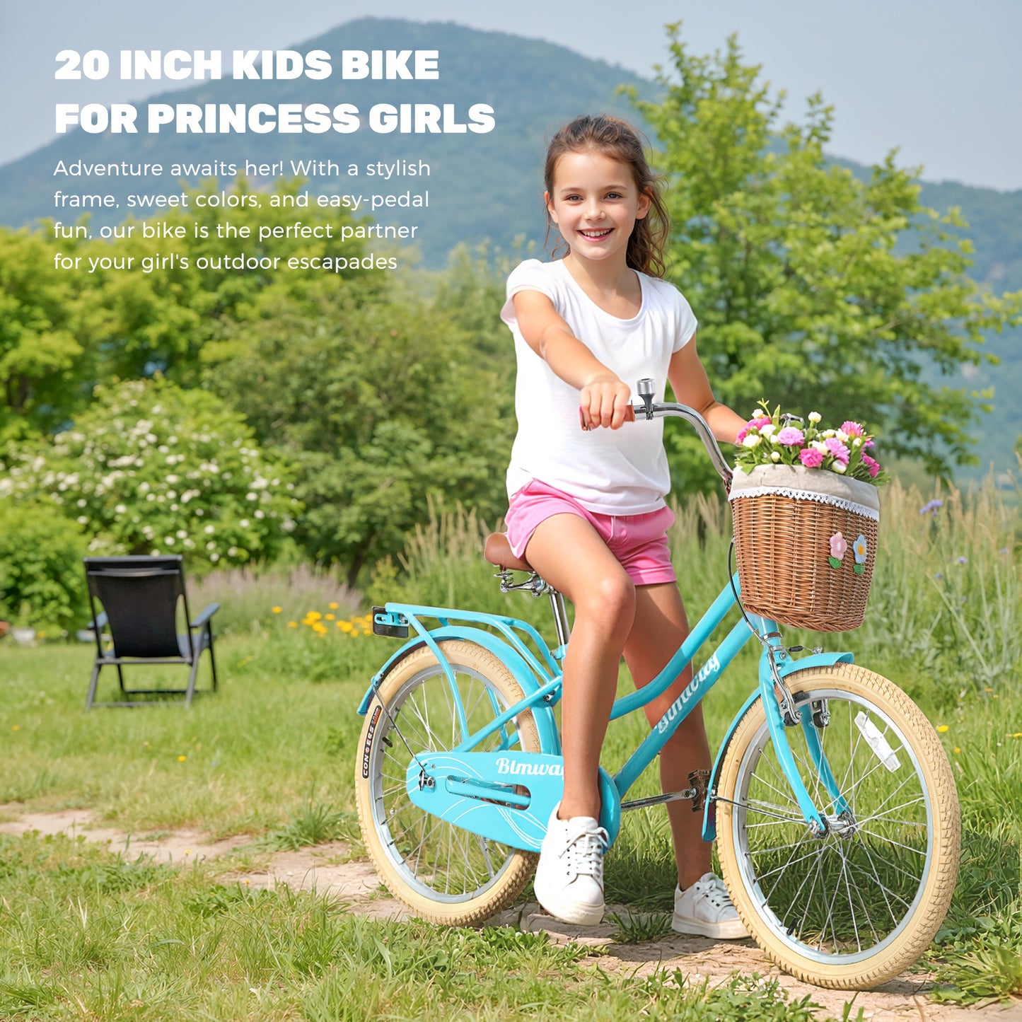 iRerts 20 Inch Girls Bike with Basket, Kids Bike for Girls Ages 7-10 with Bike Wheel Lights, Girls Bicycle with Kickstand, Leather Saddle, Coaster Brakes, Blue