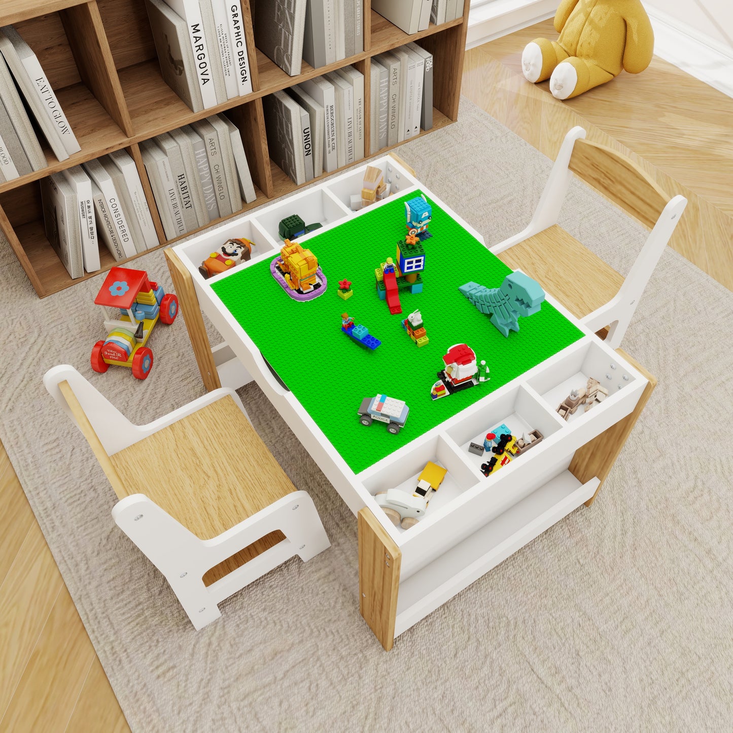 2 in 1 Kids Table Set, Kids Play Activity Table with Building Bricks, Whiteboard, Toy Organizer Compatible, Wood Building Block Desk for Drawing Reading Arts Crafts, White