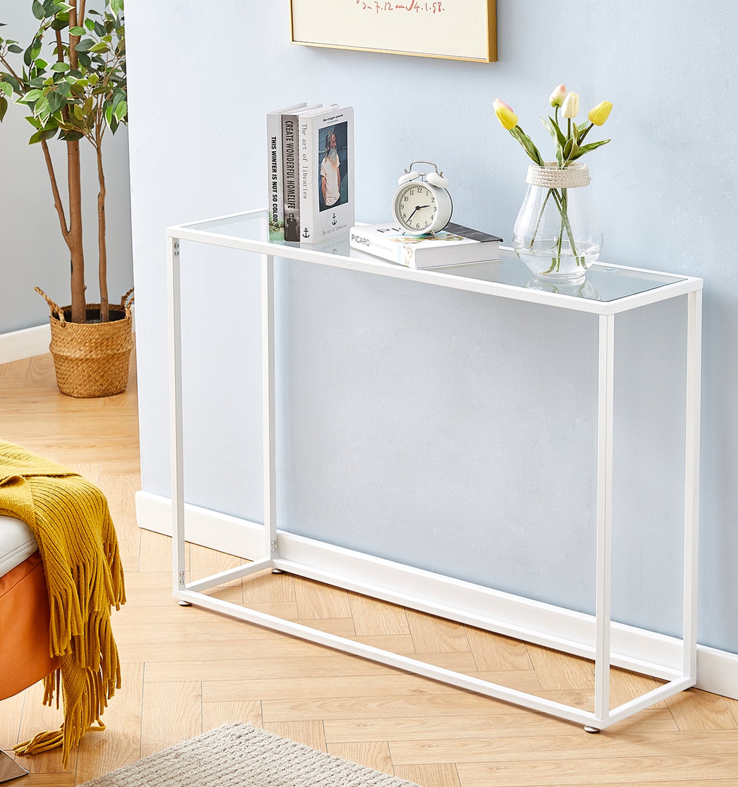 iRerts Console Table Narrow Sofa Table with Metal Frame, White Entryway Table with Glass Tabletop, Industrial Skinny Hallway Table Sofa Tables Narrow Long for Hallway Living Room Home Office Entrance