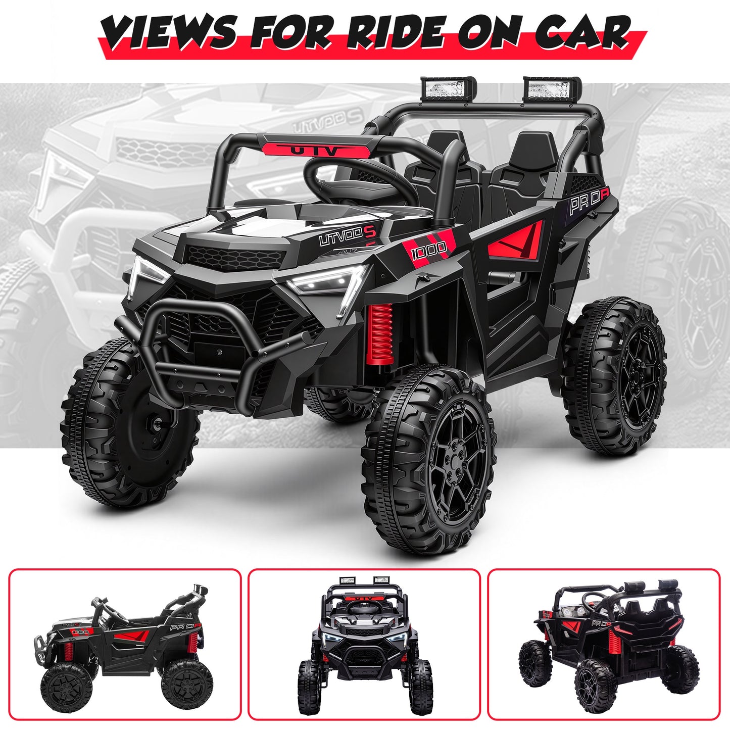 iRerts 24V Powered Ride on Toys, Electric Ride on UTV with Remote Control, Four-Wheel Suspension, LED Lights, Bluetooth Music, Ride on Cars Vehicle for Kids Ages 3-6, Black
