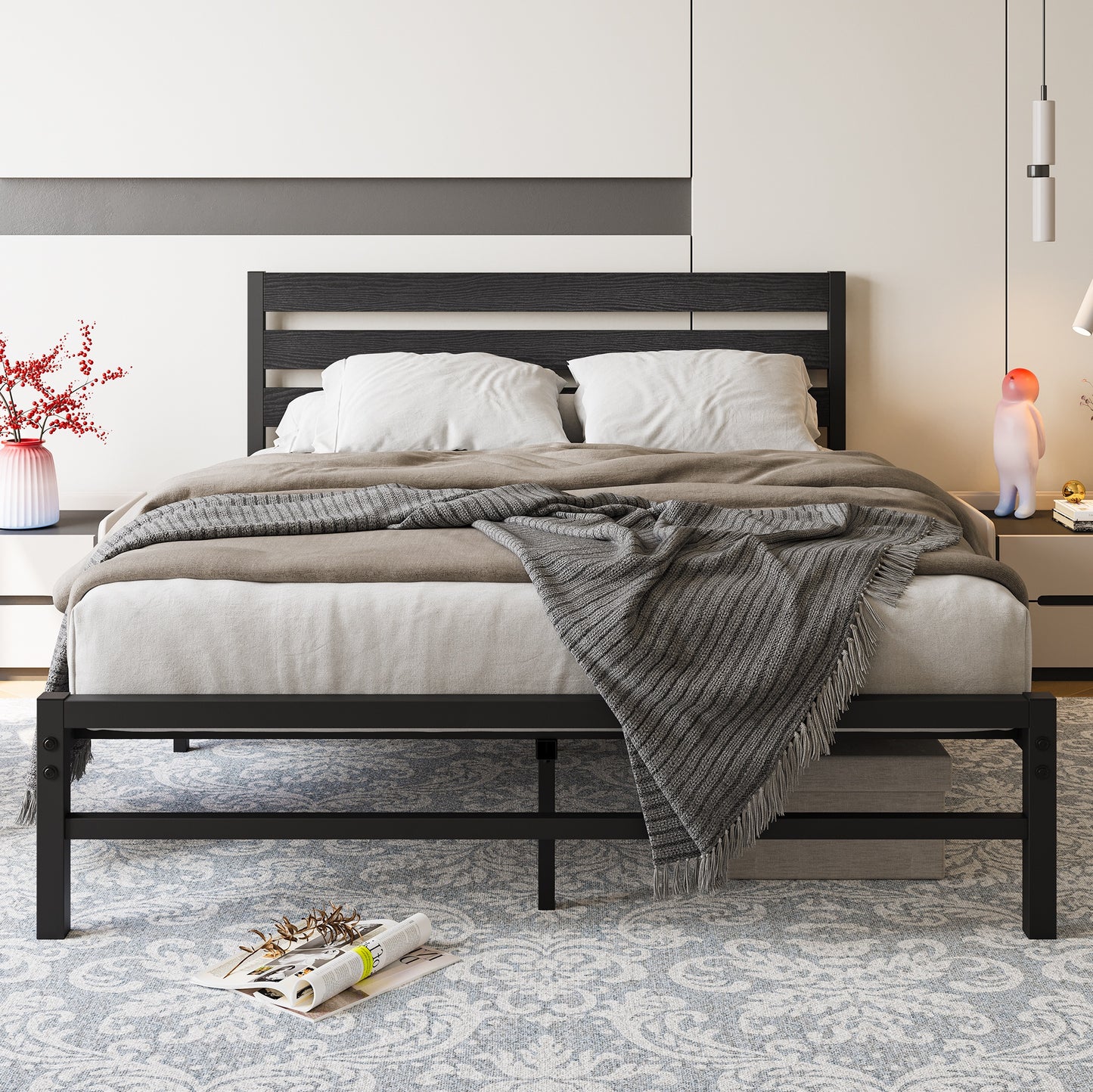 iRerts Queen Bed Frame with Headboard, Metal Platform Bed Frame No Box Spring Needed, Bed Frame Queen Size with Metal Support,  Noise-Free, Under Bed Storage, Easy Assembly, Black