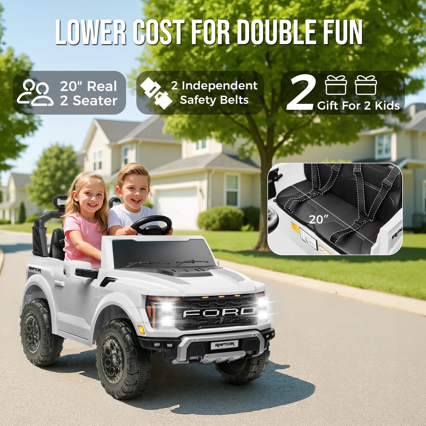 iRerts 24V Ride on Toys for Big Kids, Licensed Ford F 150 Raptor 2 Seater Ride on Cars with Remote Control, Bluetooth, FM Radio, LED Lights, 4 Wheels Suspension, Electric Car for Kids Ages 3-8, White