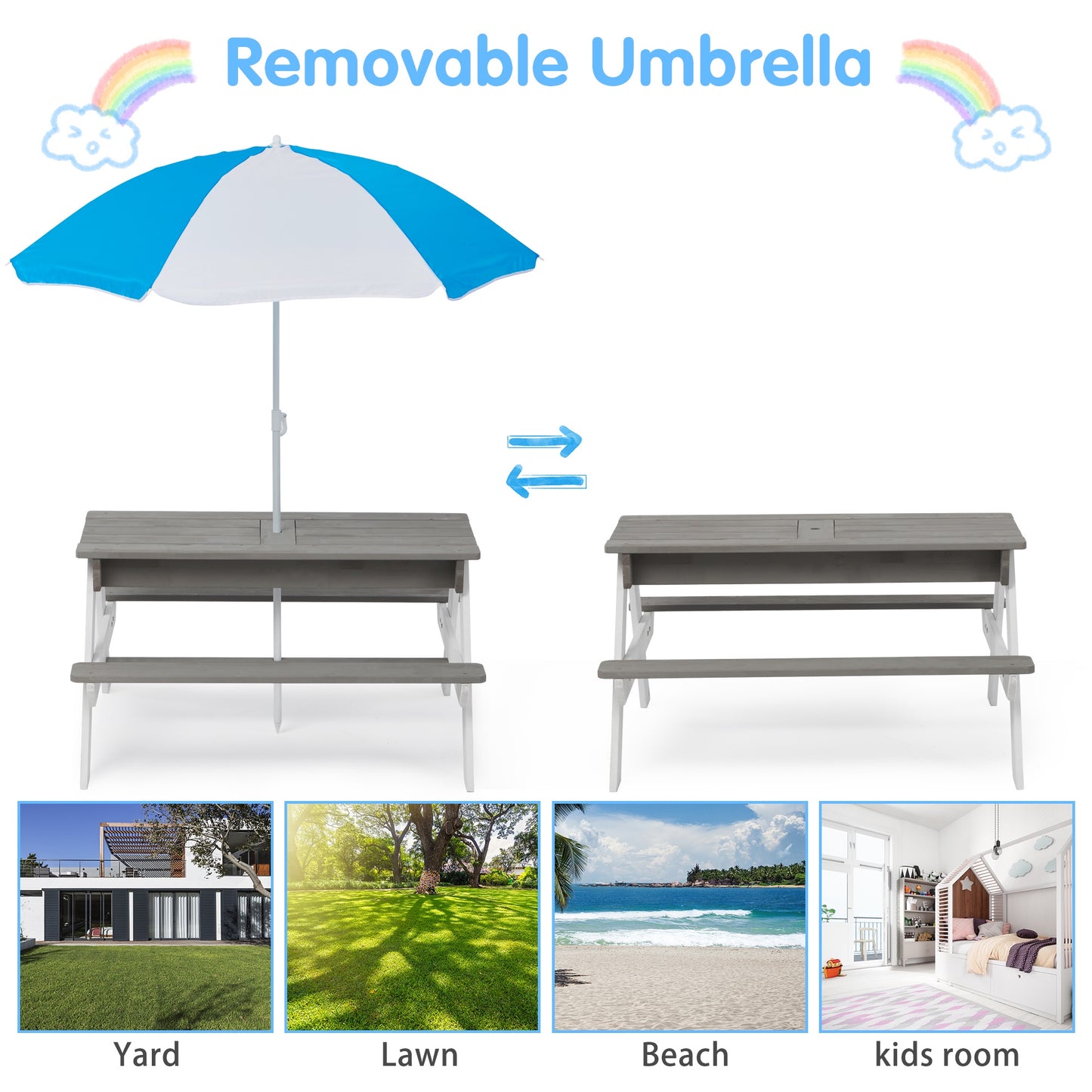 Kids Outdoor Picnic Table Set with Bench, 3 in 1 Sand and Water Activity Table Outdoor Convertible Picnic Table with Umbrella, Removable Tabletop, Play Boxes, Kids Table and Chair Set for Patio, Gray
