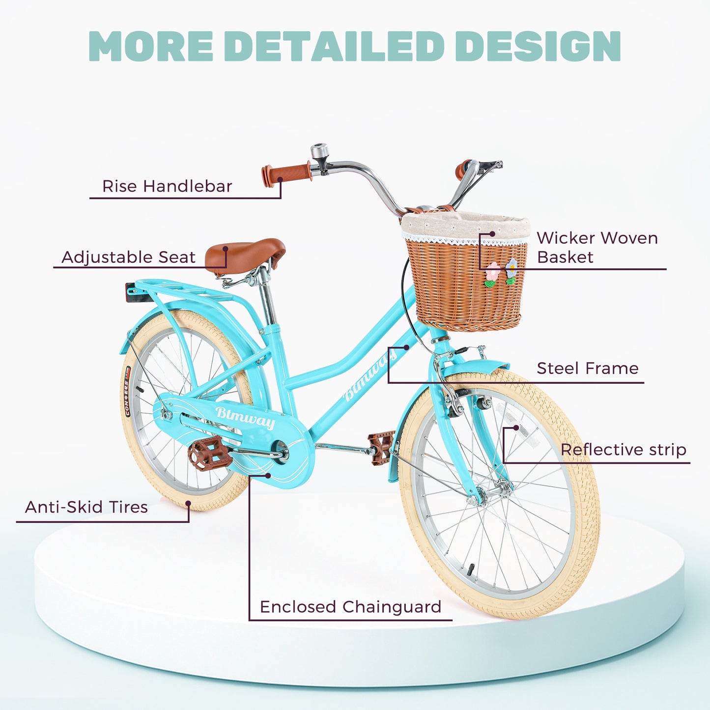 iRerts 20 Inch Girls Bike with Basket, Kids Bike for Girls Ages 7-10 with Bike Wheel Lights, Girls Bicycle with Kickstand, Leather Saddle, Coaster Brakes, Blue