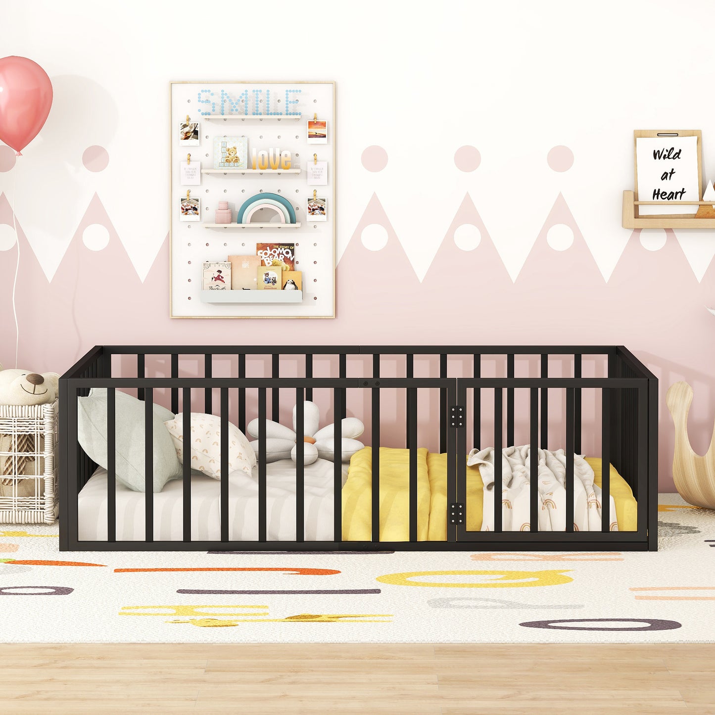 iRerts Twin Floor Bed Frame, Metal Twin Size Montessori Floor Bed Frame with Fence and Door, Kids Toddler Floor Bed Frame Twin Size for Girls Boys, Twin Bed Frame without Bed Slats, Black