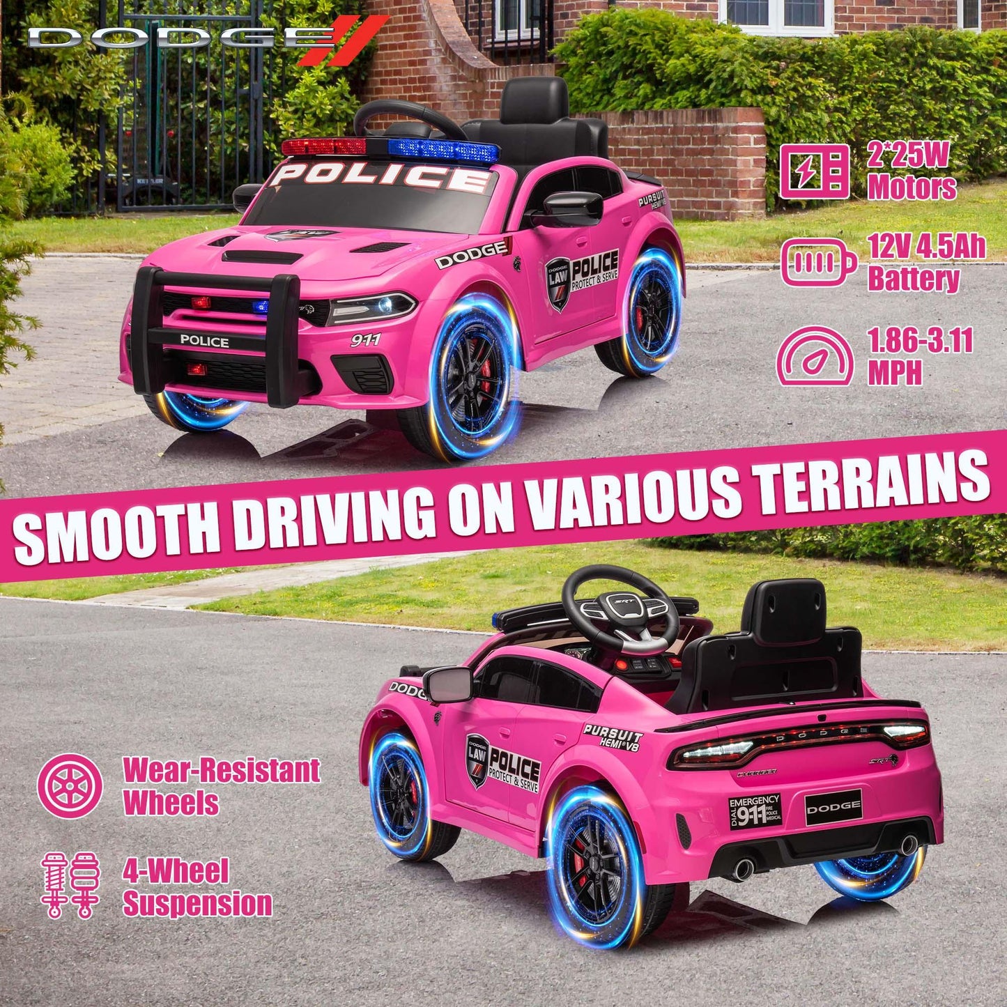 Dodge Charger 12V Ride on Police Cars, Battery Powered Ride on Toy Car with Remote Control for Boys Girls Gifts, Electric Car for Kids with Bluetooth, Music Player, LED Lights, 3 Speeds, Pink