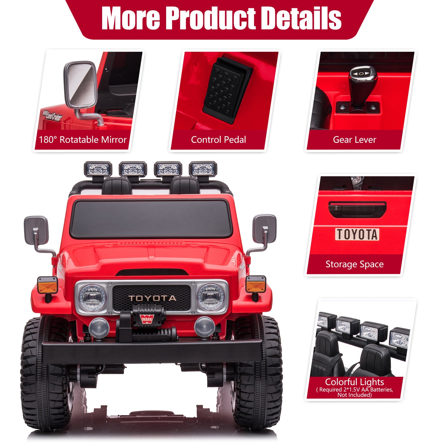 2 Seater 24 Volt Ride On Car with Remote Control, Licensed Toyota FJ40 Ride on Toys Truck for Boys Girls, Kids Electric Vehicle Car with LED Light, Bluetooth/FM Radio/Music, 4 Wheels Suspension, Red