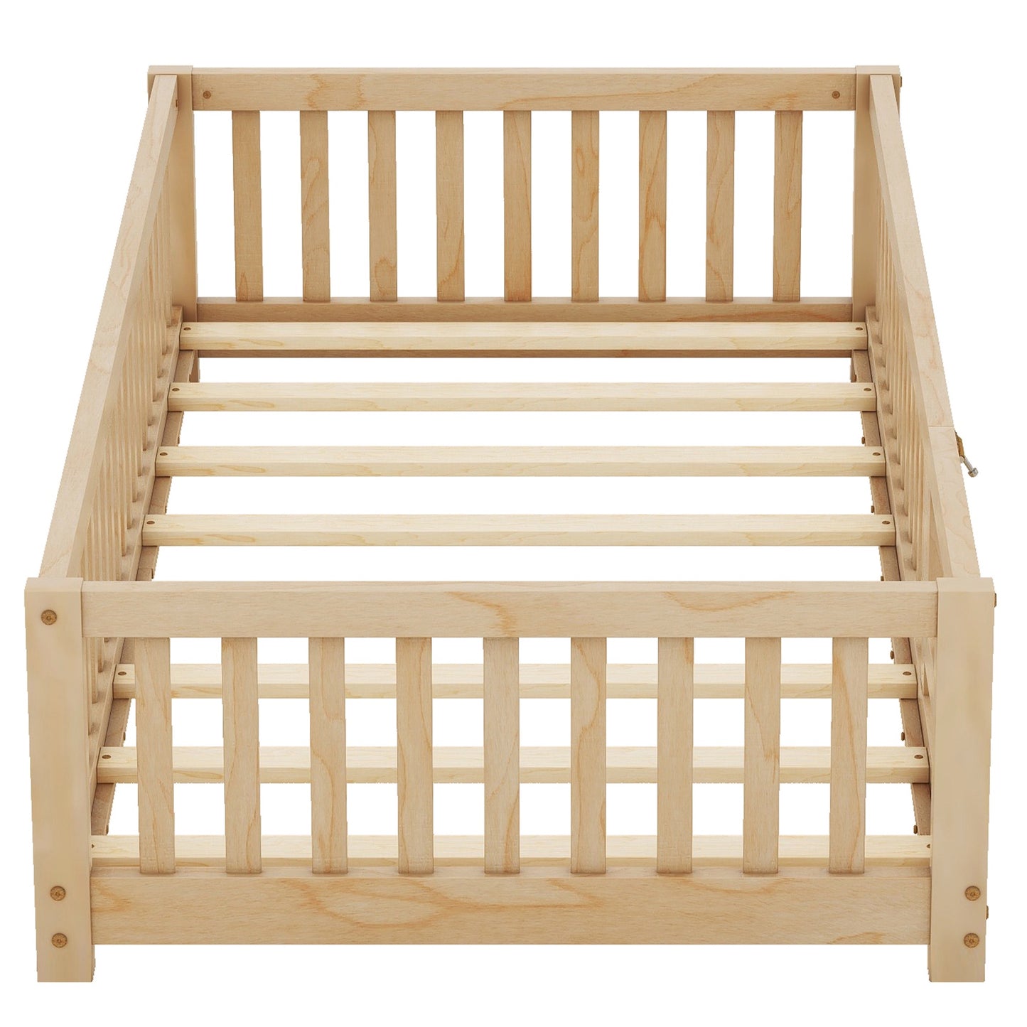 iRerts Twin Floor Bed Frame for Toddlers Kids, Wood Twin Montessori Bed Frame with Slats, Fence, Door, Kids Montessori Bed Twin Size, Twin Toddler Bed Frame for Boys Girls, Natural