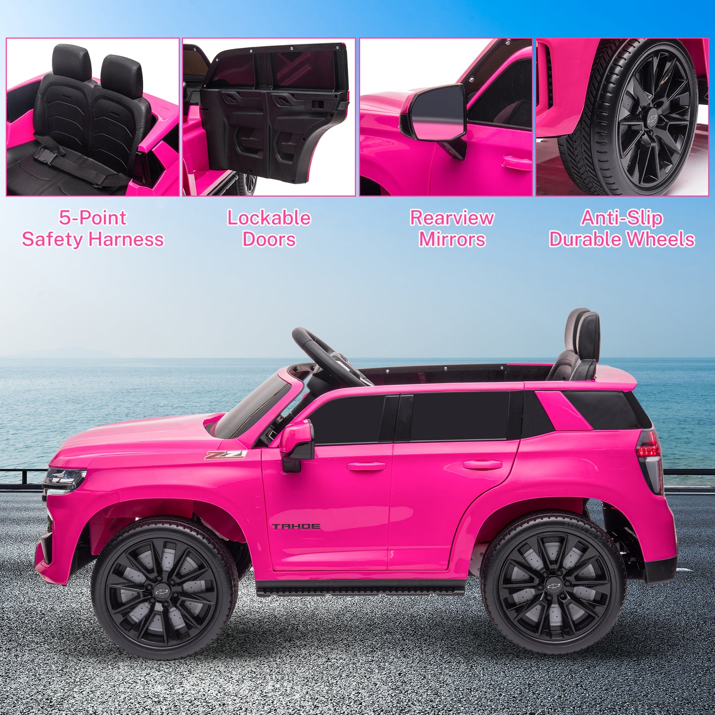 iRerts 12V Ride On Toys with Remote Control, Licensed Chevrolet Tahoe Kids Ride on Cars with Music, LED Lights, MP3/USB/AUX Port, Kids Electric Vehicle for Boys Girls, Pink