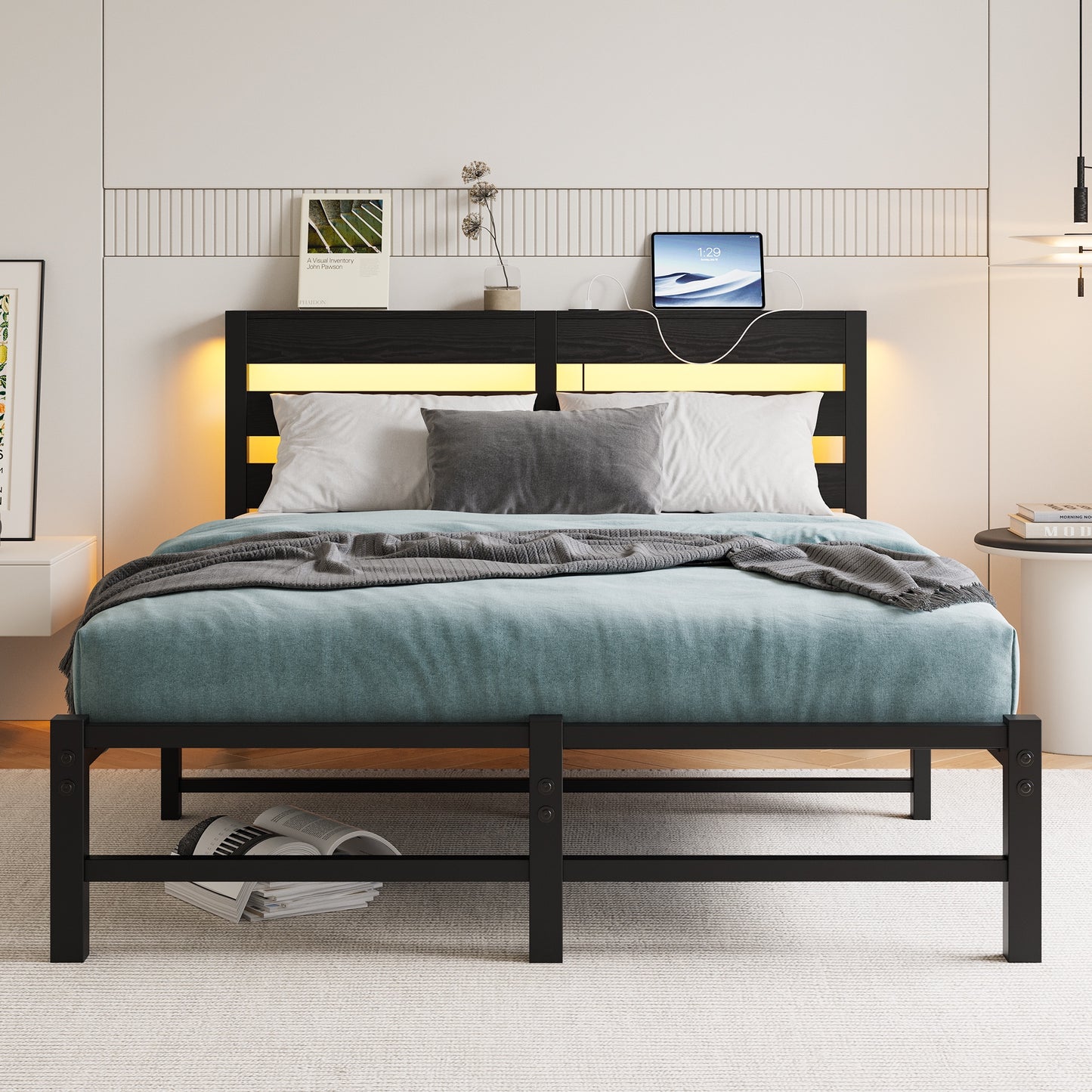 iRerts Full Bed Frame with Headboard, Metal Platform Bed Frame Full Size with USB Charging Station, LED Lights, Steel Slats, LED Bed Frame No Box Spring Needed for Bedroom Furniture, Black