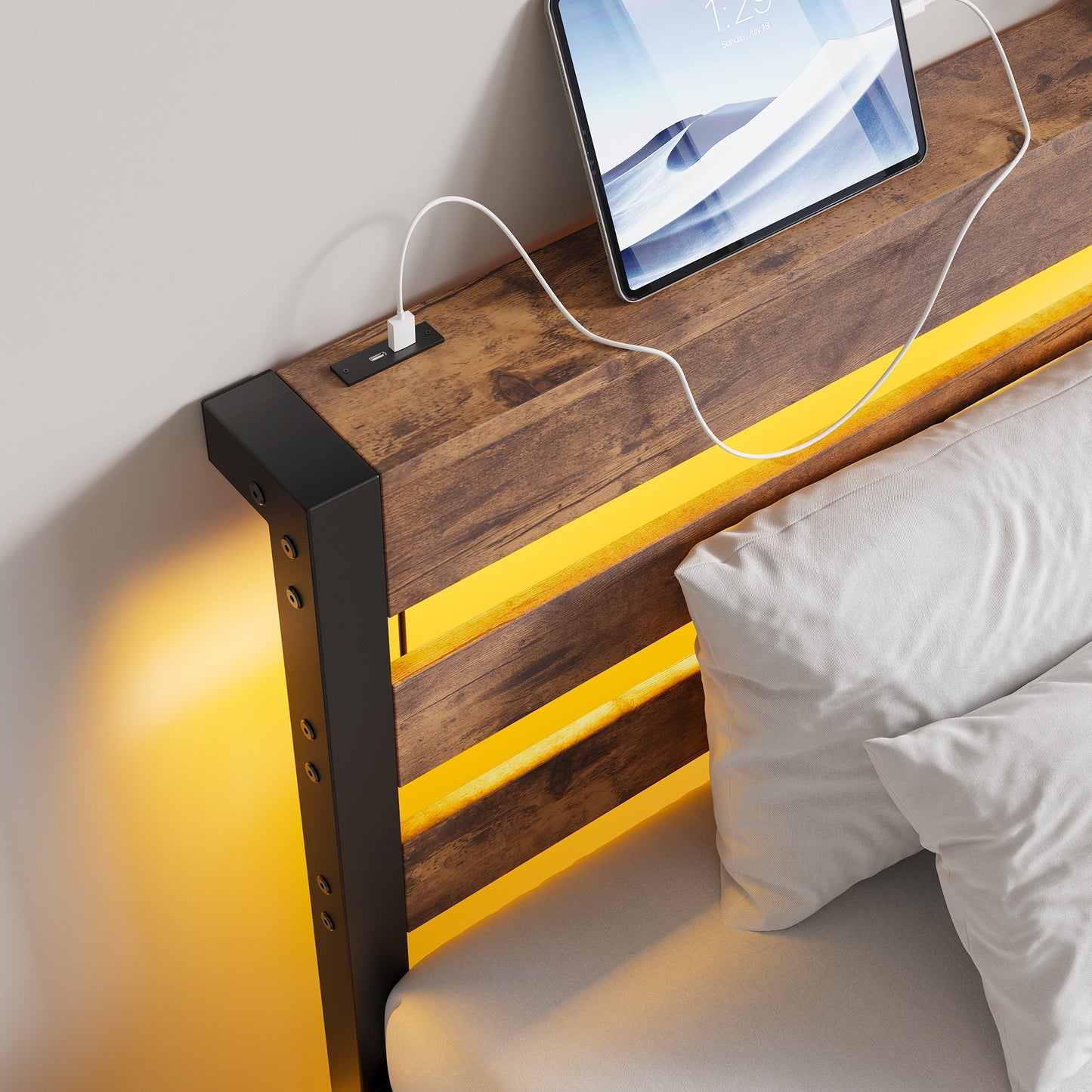 iRerts Twin Bed Frame with Headboard, Metal Platform Bed Frame Twin Size with USB Charging Station, LED Lights, Steel Slats, LED Bed Frame No Box Spring Needed for Bedroom Furniture, Brown