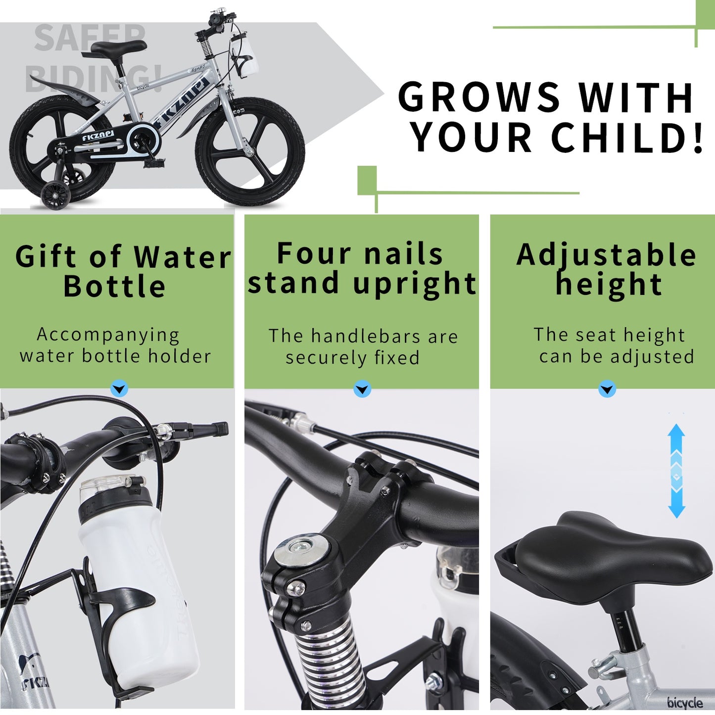 iRerts Kids Bike, 16 Inch Kids Bicycle for Boys Girls Ages 3-7, Toddlers Bike with Water Bottle Holder, Training Wheels with Night Glow, Adjustable Seat, Gray