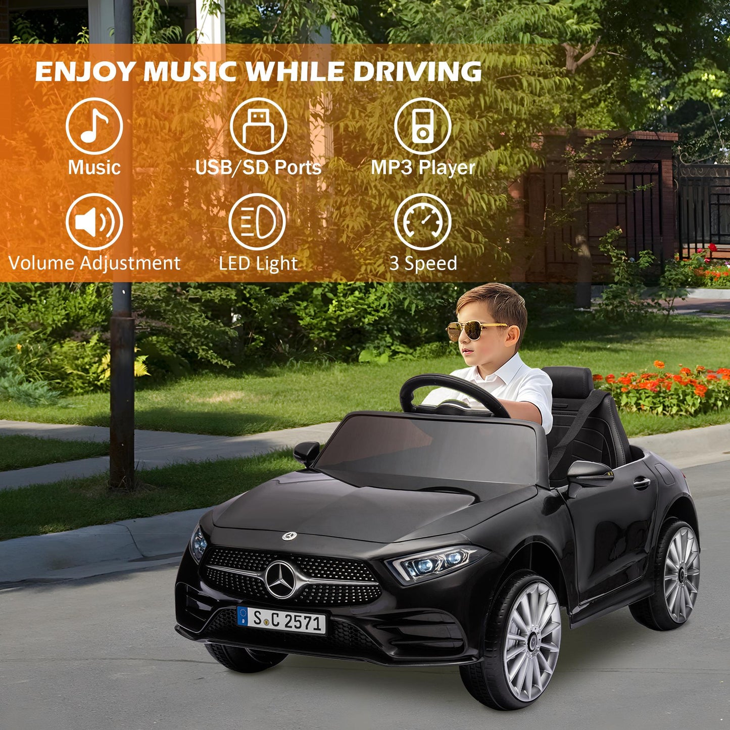 iRerts 12V Electric Ride On Cars for Boys Girls, Battery Powered Ride on Toys for Toddlers with Music, USB/AUX/SD Ports, LED Light, 4 Wheel Suspension, Electric Car for Kids 3-6 Years Old Gifts, Black