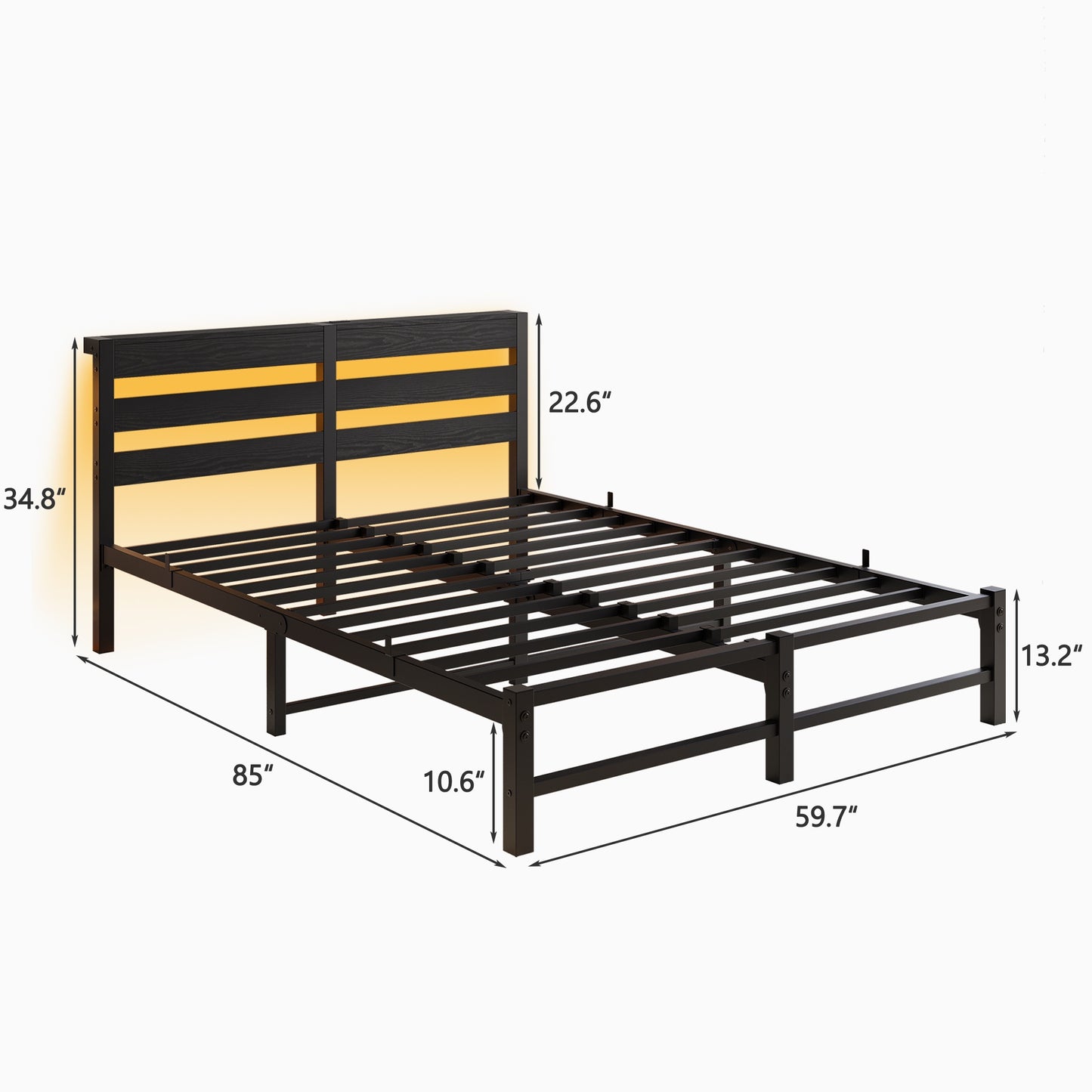 iRerts Queen Bed Frame with Headboard, Metal Platform Bed Frame Queen Size with USB Charging Station, LED Lights, Steel Slats, LED Bed Frame No Box Spring Needed for Bedroom Furniture, Black