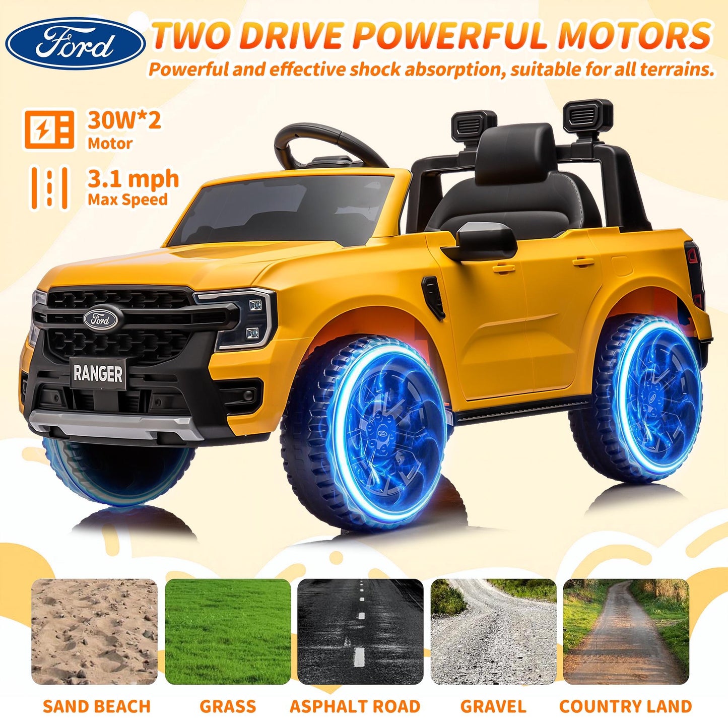 12V Ride on Cars with Remote Control, Ford Ranger Electric Cars for Kids with Bluetooth, Music, USB Port, Horn, LED Lights, Battery Powered Ride on Toys for Kids Boys Girls 3-6 Ages Gifts, Yellow