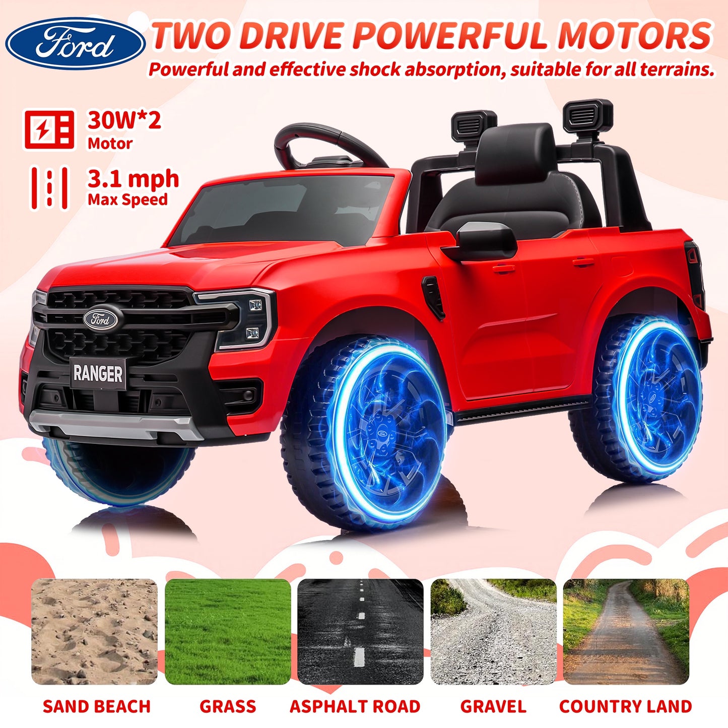 12V Ride on Cars with Remote Control, Ford Ranger Electric Cars for Kids with Bluetooth, Music, USB Port, Horn, LED Lights, Battery Powered Ride on Toys for Kids Boys Girls 3-6 Ages Gifts, Red