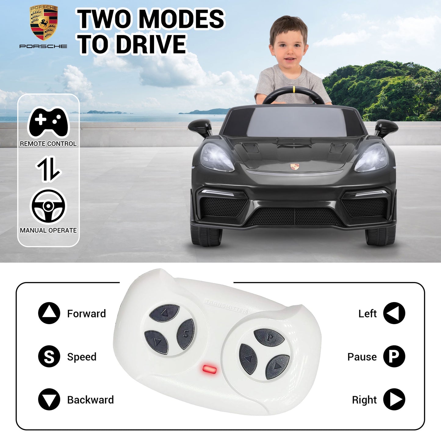12V Powered Ride On Toys, Licensed Porsche 718 Ride on Car for Kids Boys Girls Christmas Gifts Ages 3-5, Kids Cars Electric Vehicle with Remote Control, Bluetooth, Music, LED Light, 4 Wheeler, Black