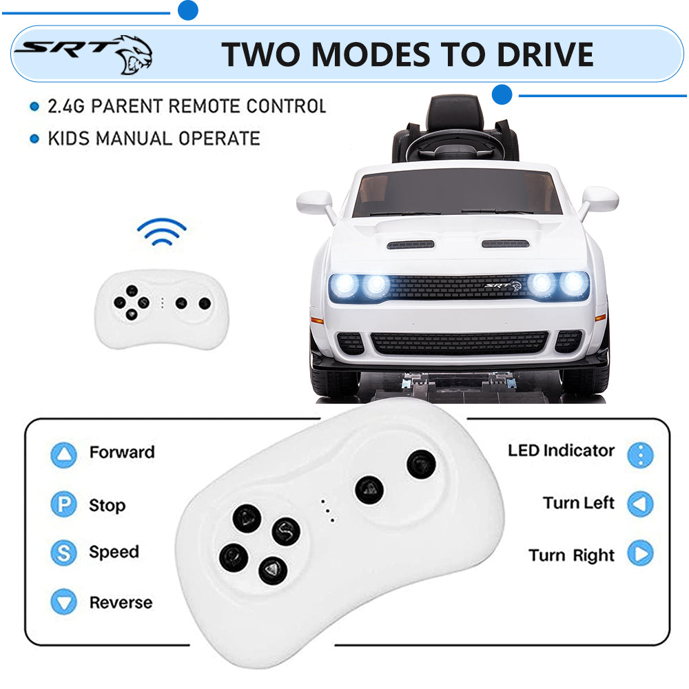 Kids Electric Car, Licensed Dodge Challenger 12V Ride On Cars with Remote Control, Kids Ride on Toys with Bluetooth, LED Light, USB, MP3, Kids Electric Vehicles for Boys Girls Birthday Gifts, White