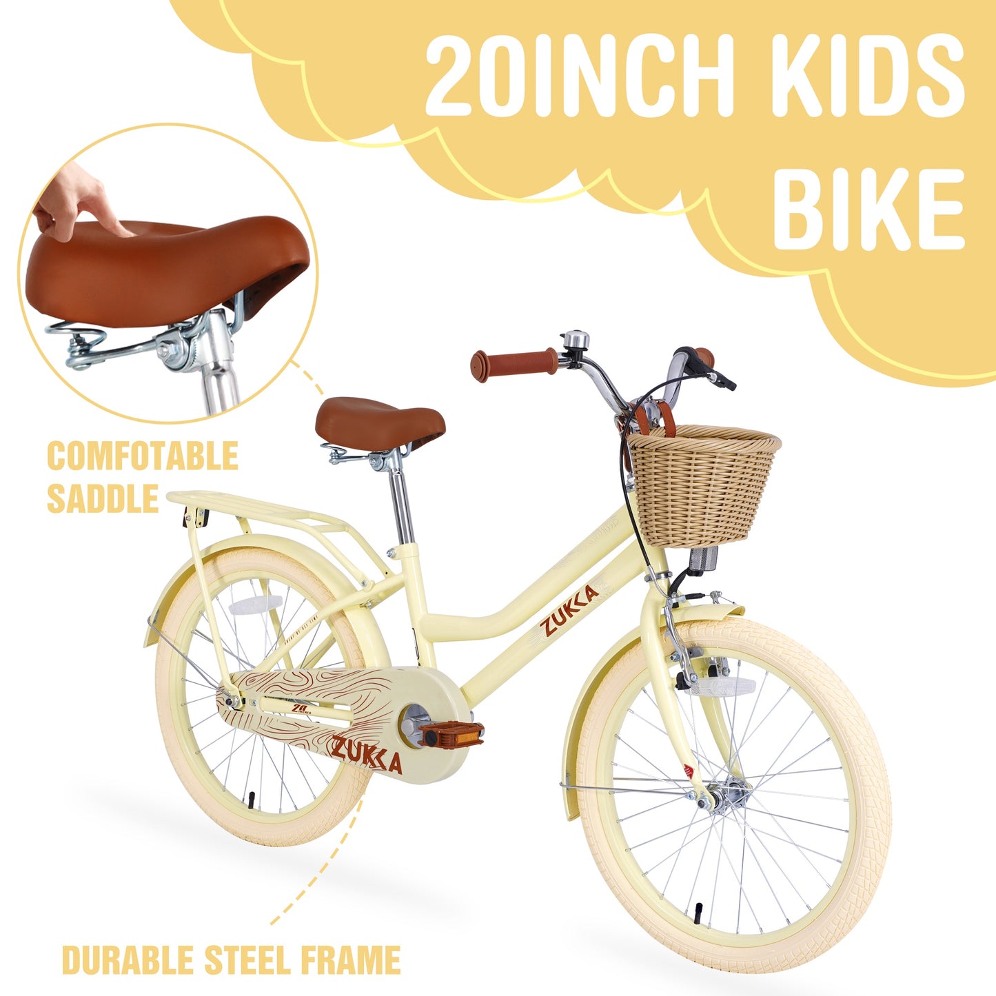 iRerts Girls Bike for 7-10 Years Old Kids, 20 Inch Bike with Basket, Brown Leather Saddle, Coaster Brakes, Retro Style Girls Bicycle Kids Cycle Bikes, Kids Bicycle for Gifts, Yellow