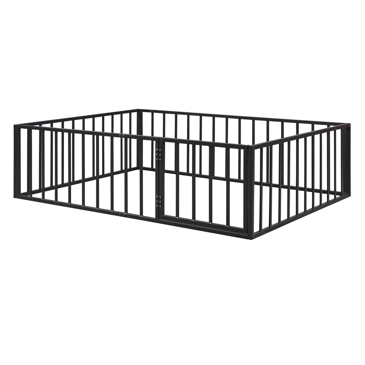 iRerts Full Floor Bed Frame, Metal Full Size Montessori Floor Bed Frame with Fence and Door, Kids Toddler Floor Bed Frame Full Size for Girls Boys, Twin Bed Frame without Bed Slats, Black